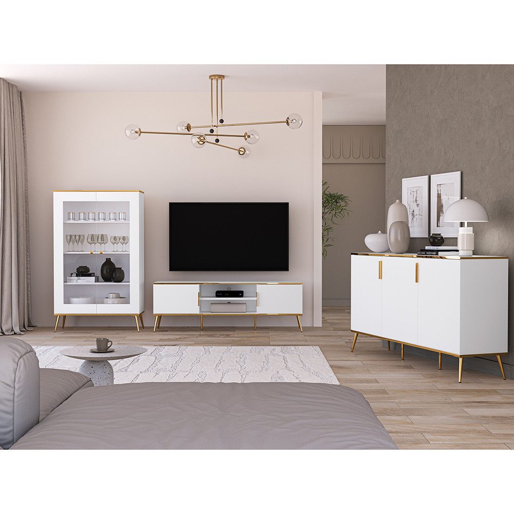 Lomadox Wohnzimmer-Set VLORA-131, (Mega-Spar-Set, 3-St., Vitrine Lowboard Sideboard), Wohnmöbel TV-Schrank Vitrine Sideboard, weiß mit goldfarbenen Griffen