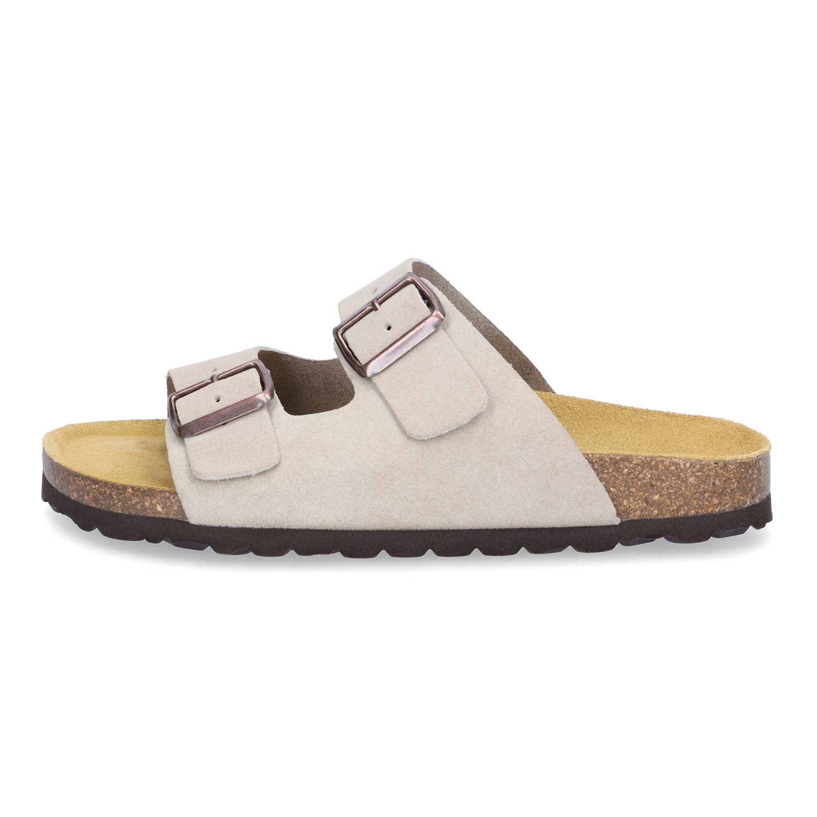 MIDS MOMO Damen Pantolette beige aus Velourleder, Zweiriemer mit ergonomischem Fußbett & Schnalle