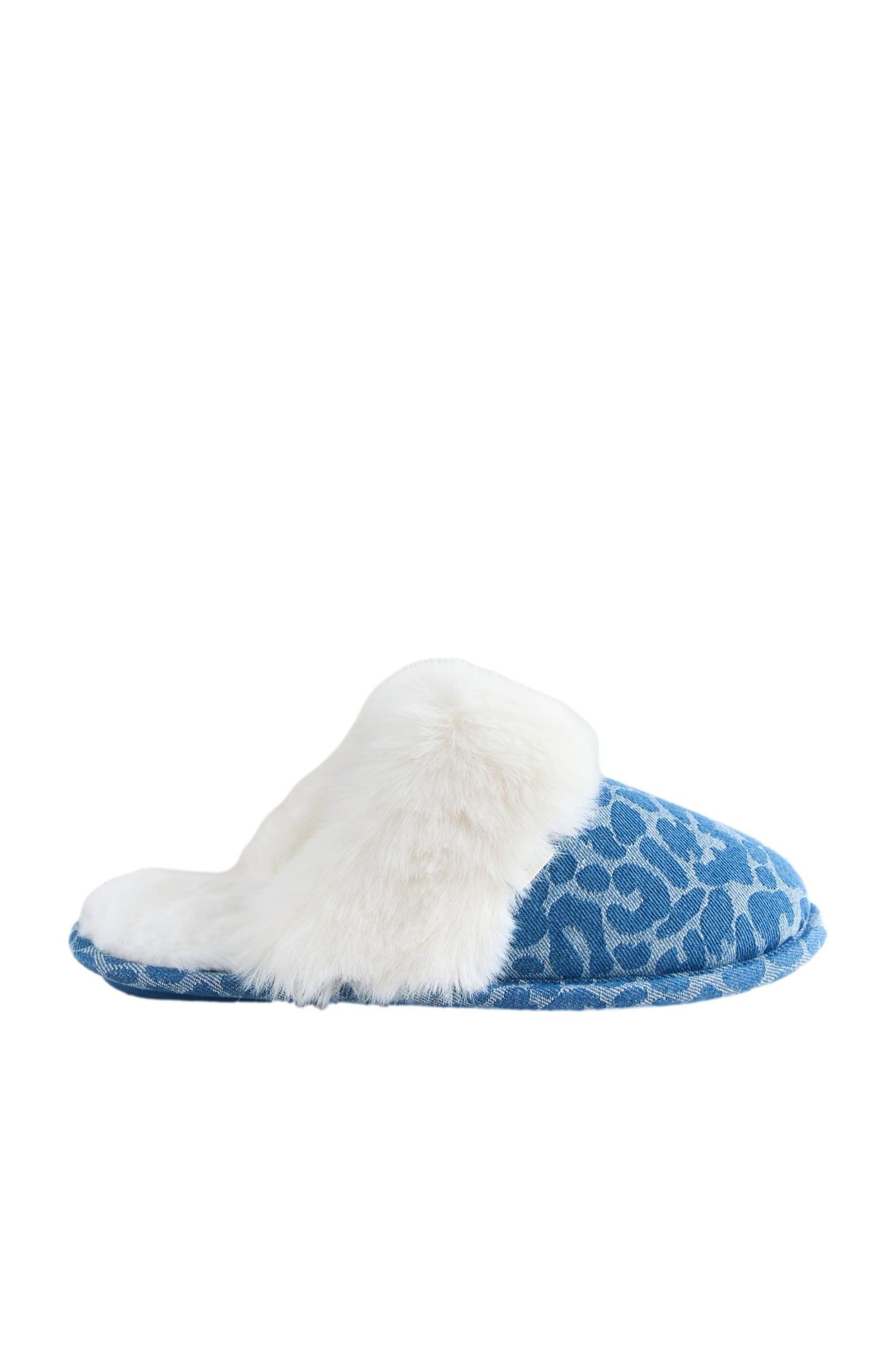 Denim-Pantoletten mit Leoparden-Kunstfell Hausschuh