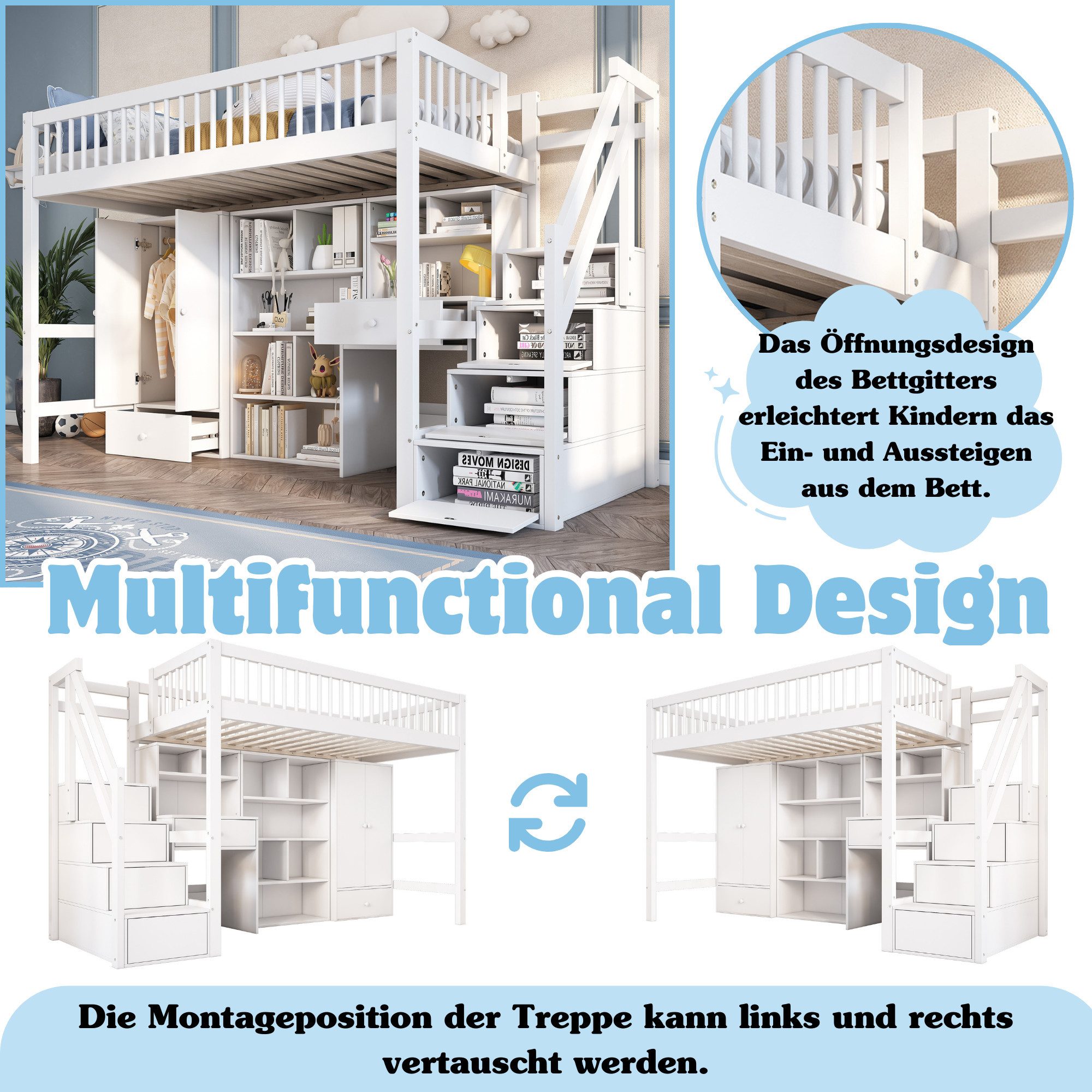 i@home Hochbett Multifunktionales Hochbett mit Schreibtisch & Kleiderschran günstig online kaufen