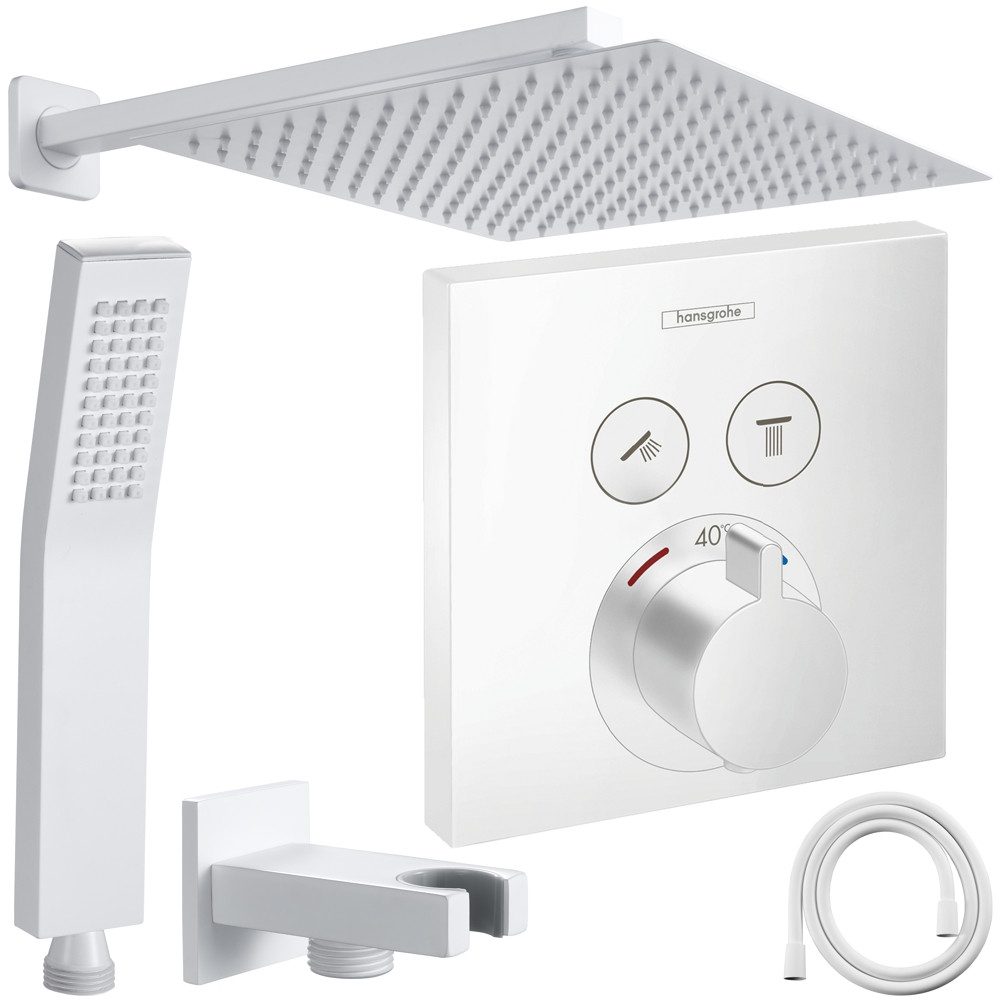 Hansgrohe und Jowi Duscharmatur ShowerSelect Unterputz Duscharmatur, Thermostat, Weiß, Regendusche (Unterputz-Duschsystem, Set) Mattweiß, Thermostat