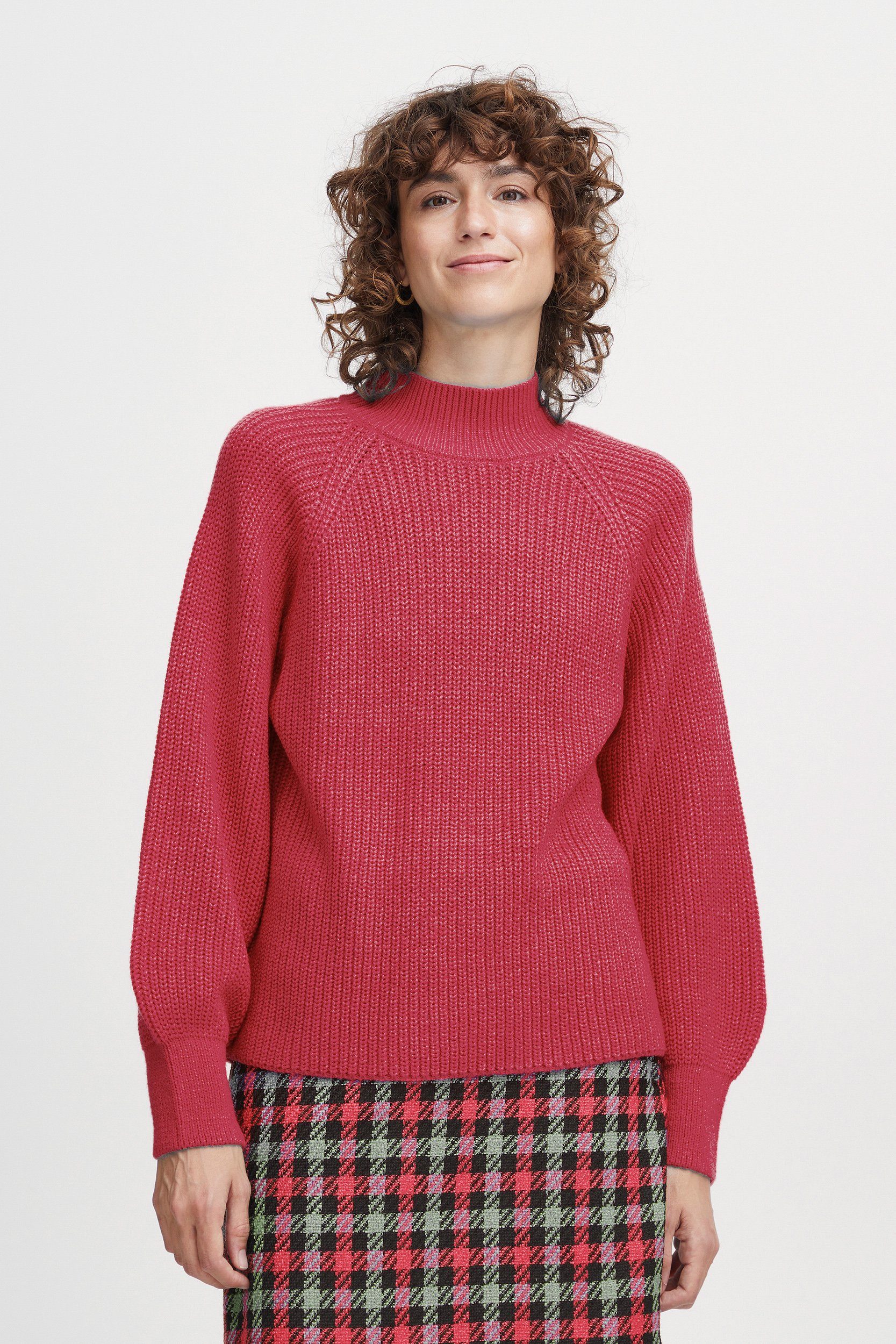 Pullover Sweater b.young Kragen Strickpullover Rot Ballonärmeln mit Grobstrick mit 6692 in