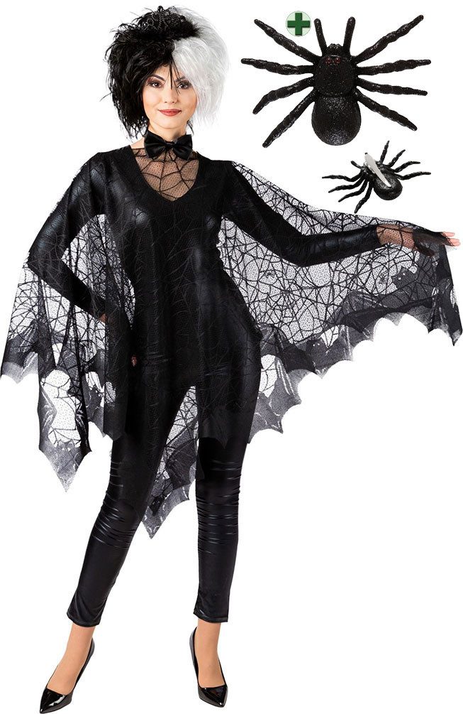 Karneval-Klamotten Kostüm Spinnenkostüm Grusel Spinnweben Poncho Halloween, Halloweenkostüm schwarz Spinnen Umhang mit Spinne Kopfschmuck Karneval