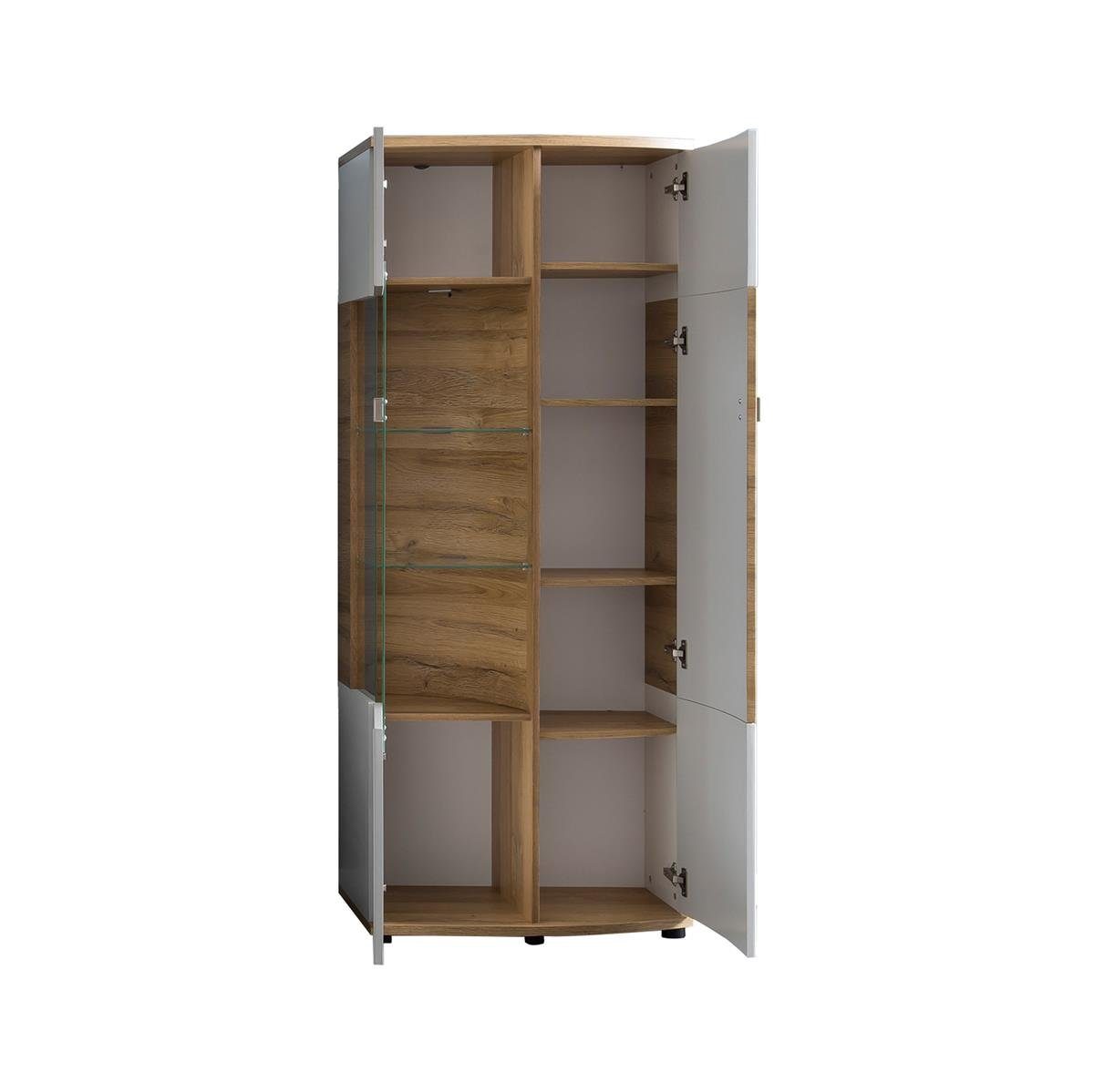 Vitrine, mit Moderne cm aus cm, Vitrine Front 2 Hochglanz-Weiß/Grandson-Eiche, Tiefe in möbelando Türen MDF in 70 melaminharzbeschichteter cm, Weiß/Grandson-Eiche, und 37,3 Spanplatte Einlegeböden, Sinus Breite aus Höhe Korpus 177,5 8