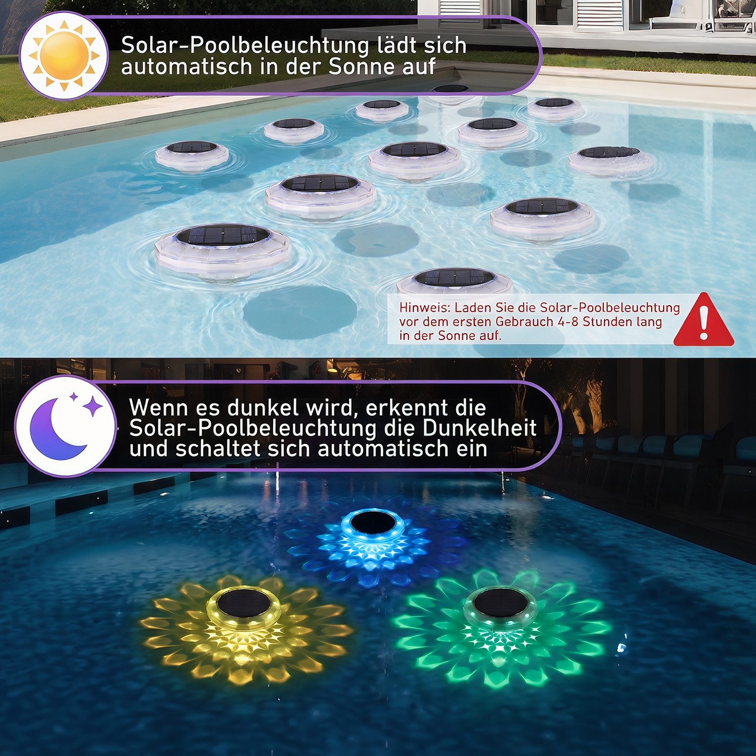 oyajia Pool-Lampe RGB Solar Poolbeleuchtung, Schwimmende Poolleuchte mit Fernbedienung, LED fest integriert, RGB, IP68 Wasserdichte Poolleuchten für Wanne, Schw – Bild 5 von 5