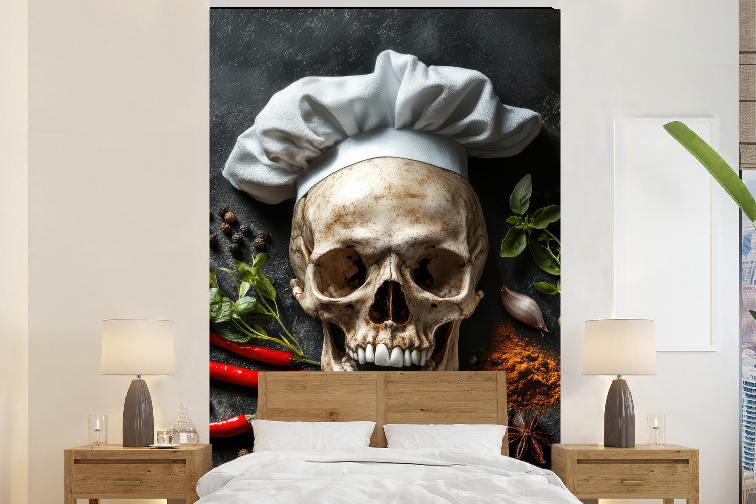 MuchoWow Fototapete Skelett - Gewürz - Lebensmittel - Schädel - Koch, Matt, bedruckt, Montagefertig Vinyl Tapete, Wandtapete, 145x220 cm
