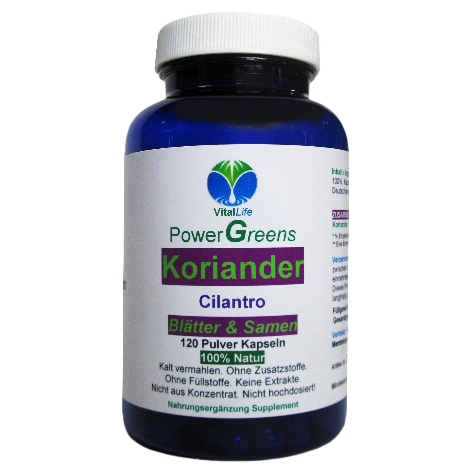 VitalLife Koriander Blätter & Samen reines Cilantro Pflanzenpulver ohne Zusätze Kapseln, 1 er Dose à 120 St., 48 g, Art. 26421