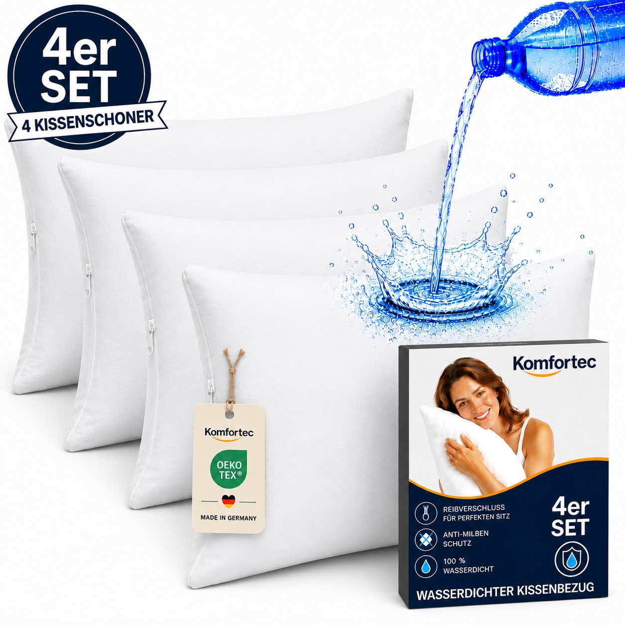 Komfortec Kissenbezüge Wasserdichter Kissenbezug Set, Hypoallergen Kopfkissenbezüge, (4 Stück), 40x80 cm mit Reißverschluss, Atmungsaktiv, Anti-Milben Kissenschoner