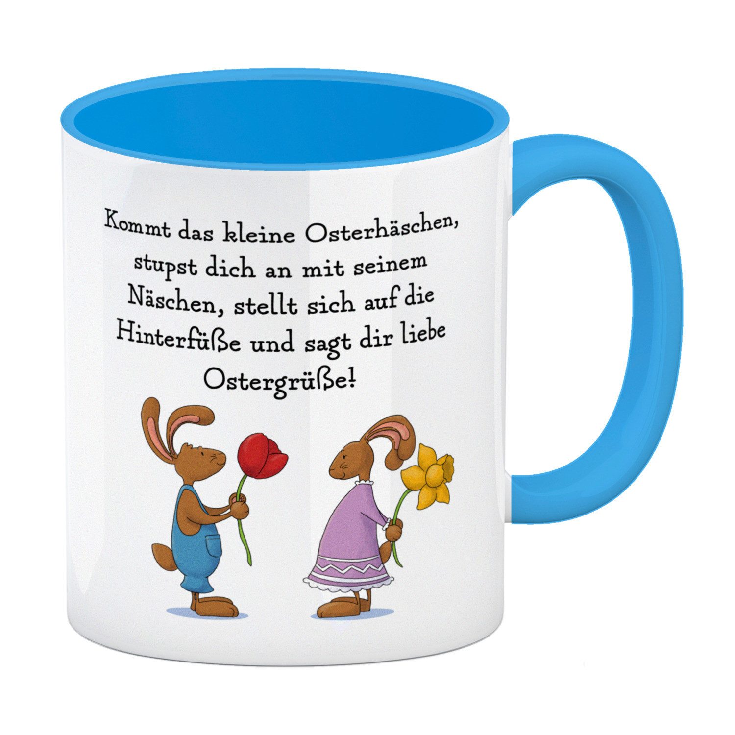 Tasse Ostergedicht über Osterhasen Kaffeebecher in hellblau mit Spruch