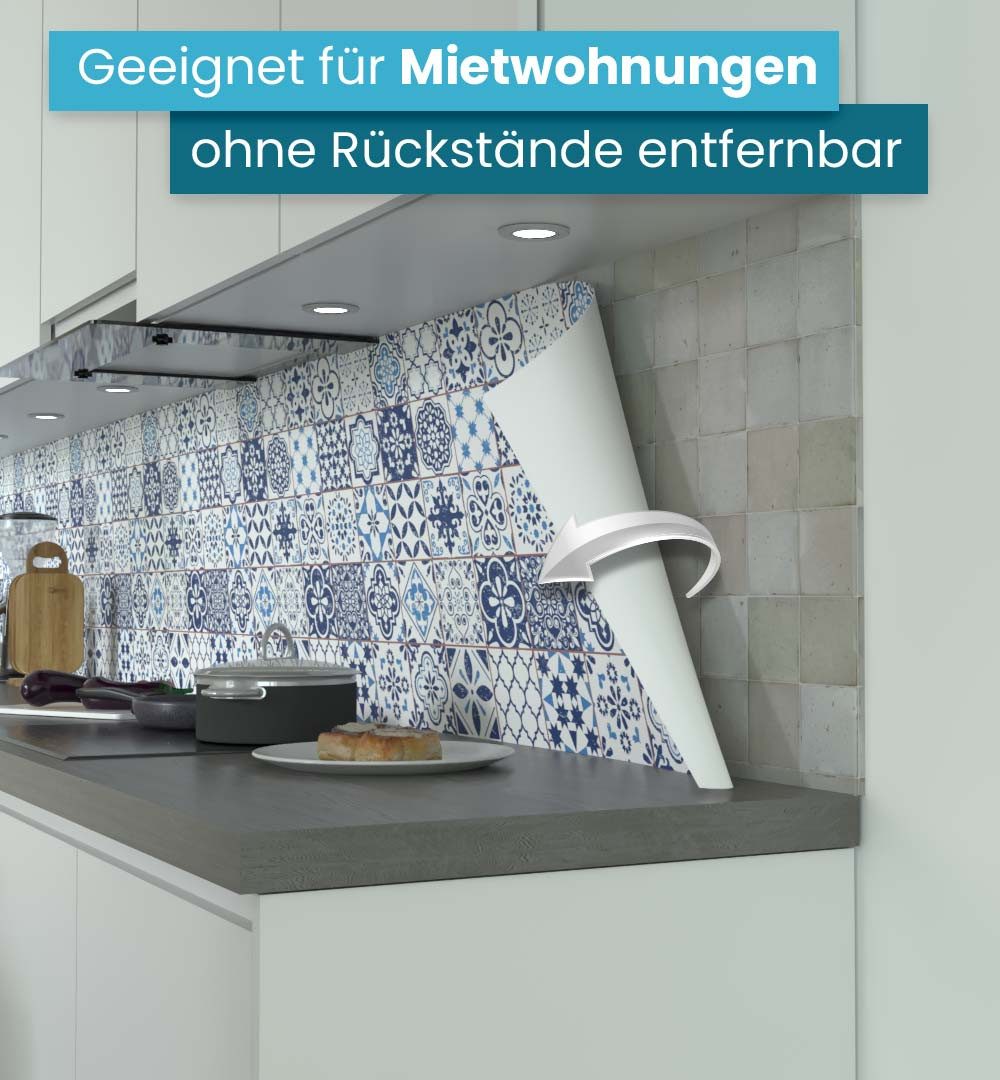 MyMaxxi Küchenrückwand Küchenrückwand selbstklebend Retro blaue Fliesen Spritzschutz Folie, (Klebefolie Küchenrückwand aufgerollt B 60 cm x H 60 cm), Retro blue B 60 cm x H 60 cm