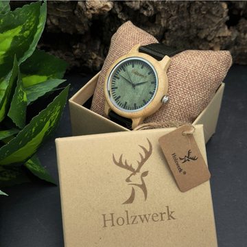 Holzwerk Quarzuhr HERFORD Damen und Herren Textil & Holz Armband Uhr, oliv grün, beige