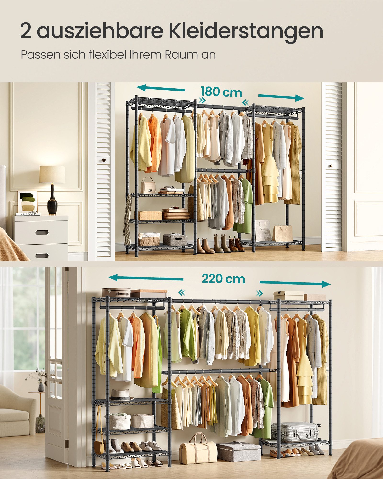SONGMICS Kleiderständer offener Kleiderschrank, mit verstellbaren Ablagen und Kleiderstangen, Haken – Bild 4 von 5