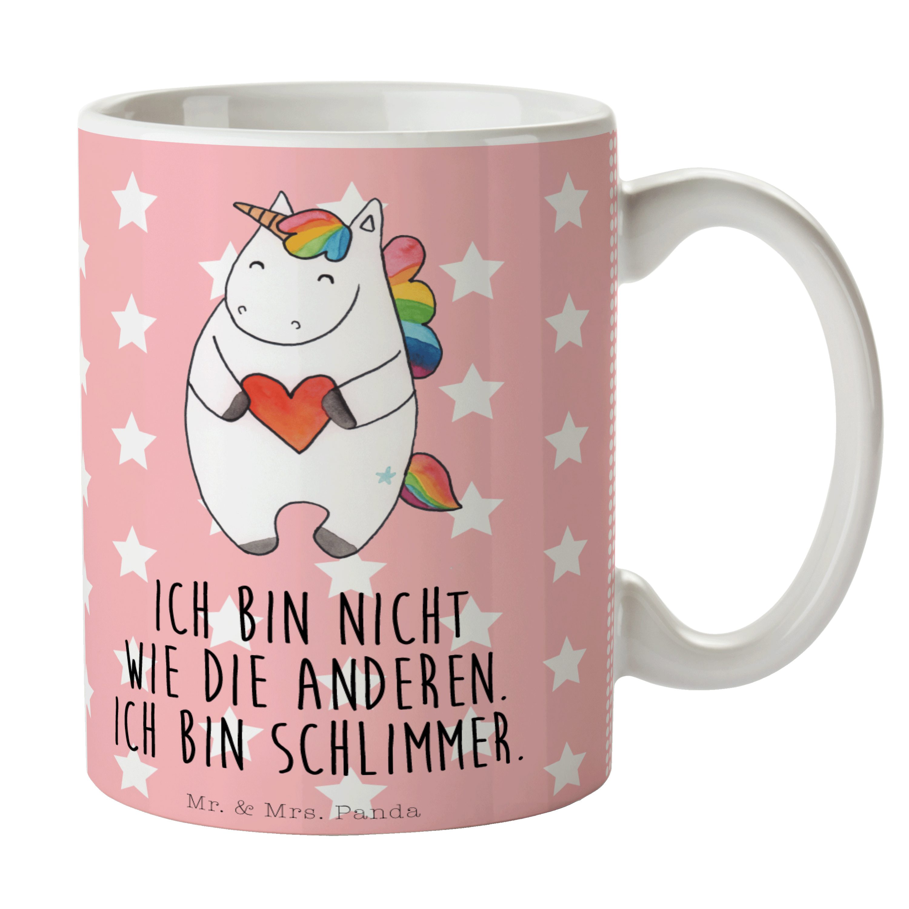 Mr. & Mrs. Panda Tasse Einhorn Herz - Rot Pastell - Geschenk, witzig, Einhorn Deko, Einhörne, Keramik
