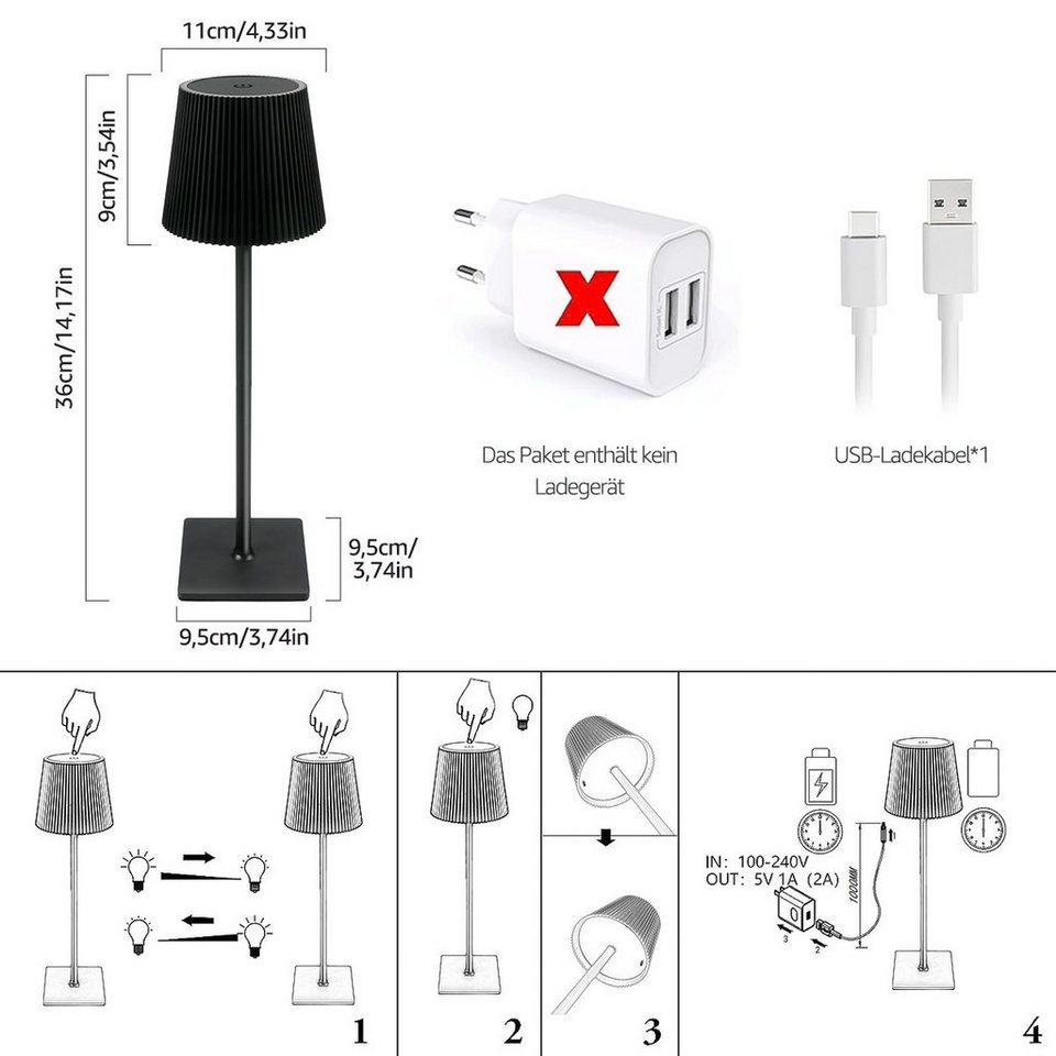 MULISOFT LED Tischleuchte USB-Tischleuchte, Nachttischlampe mit  Touchfunktion, Touch-Steuerung, Mit Speicherfunktion,Mit integriertem Akku  und USB Kabel,Individuelle Höhe (23 / 36 CM),Einstellbare Lichtintensität  (5%-100), LED fest integriert, Warmweiß