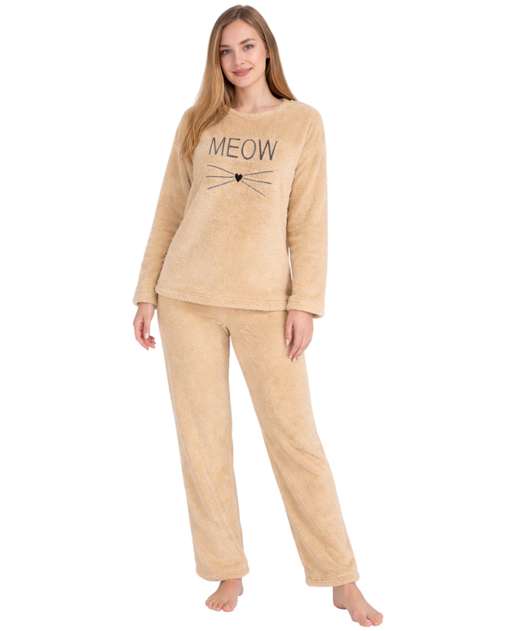 fashionshowcase Hausanzug Damen Winter Pyjama Set aus Plüsch, weicher Zweiteiler (Zweiteiliges Set (Langarmshirt und Hose) Kuscheliger Plüschstoff, modernes Design mit Schriftzug