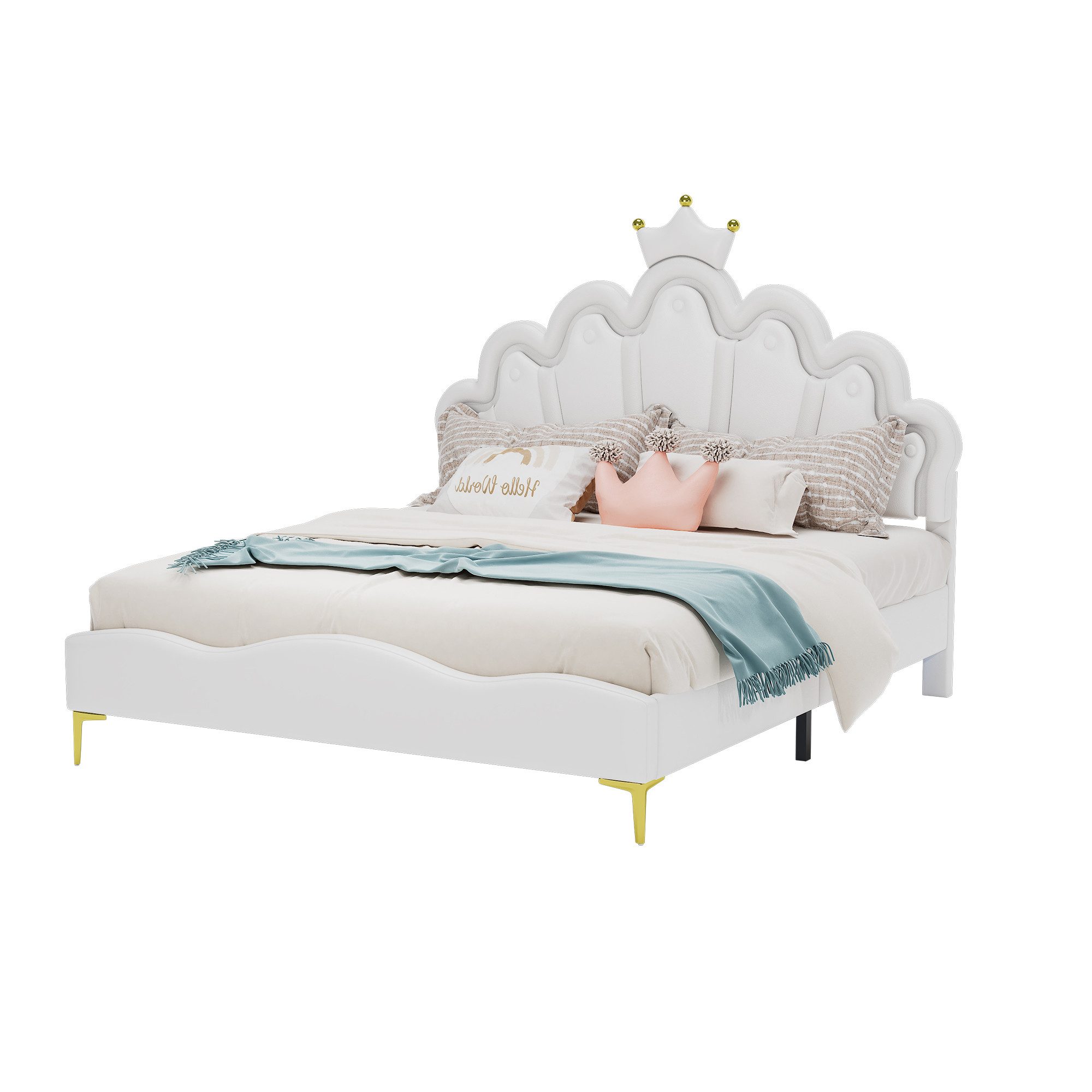 REDOM Polsterbett Kronenförmiges Prinzessinnenbett, Stauraumbett (weiche Polsterung aus kunstleder, verstellbarer LED-Umgebungslichtstreifen, Flaches Doppelbett 140*200cm), ohne Matratze