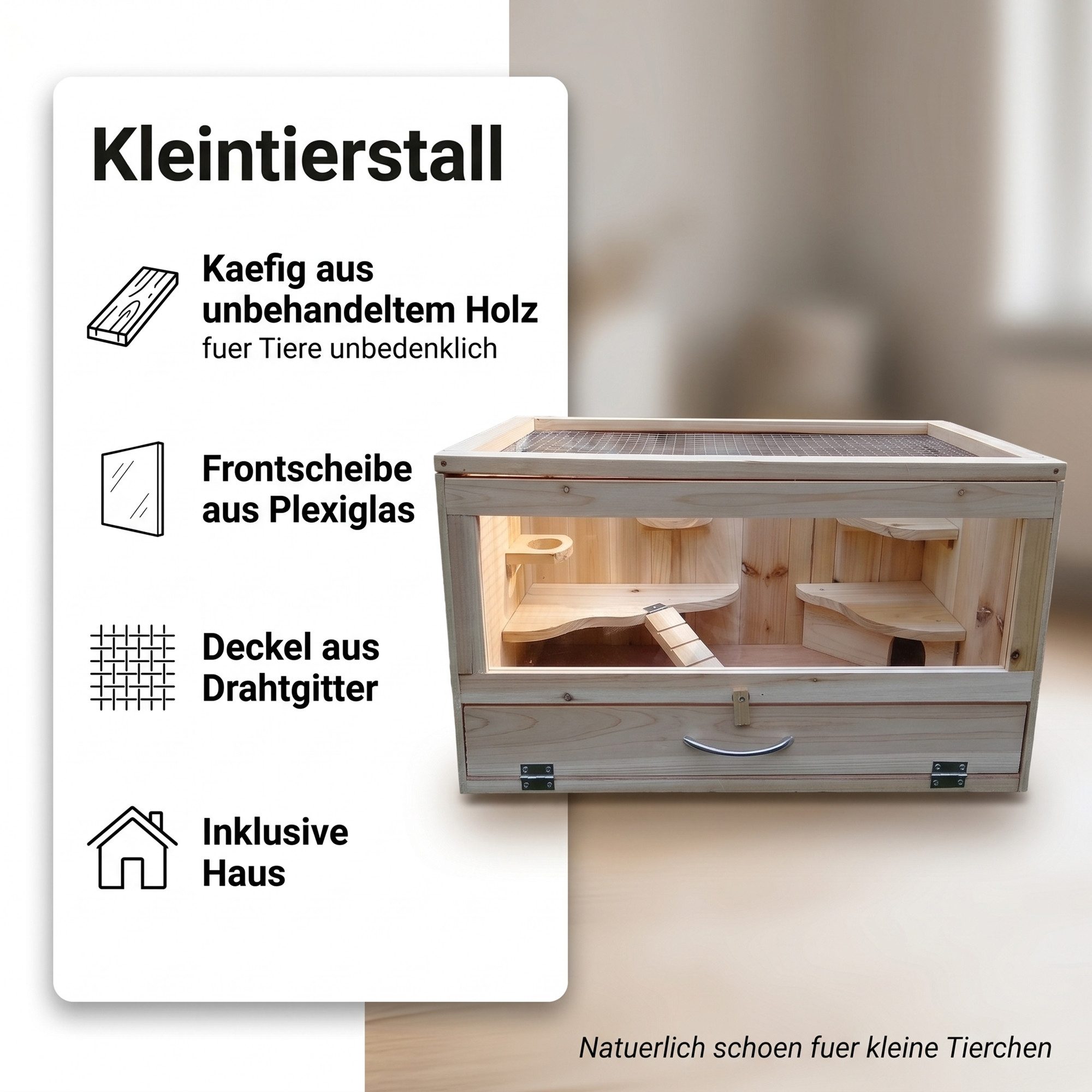 Mucola Kleintierkäfig Nagerkäfig mit 2 Ebenen für Hamster & Kaninchen Gitterkäfig Naturholz, Plexiglas-Front, 2 Ebenen und integriertes Häuschen