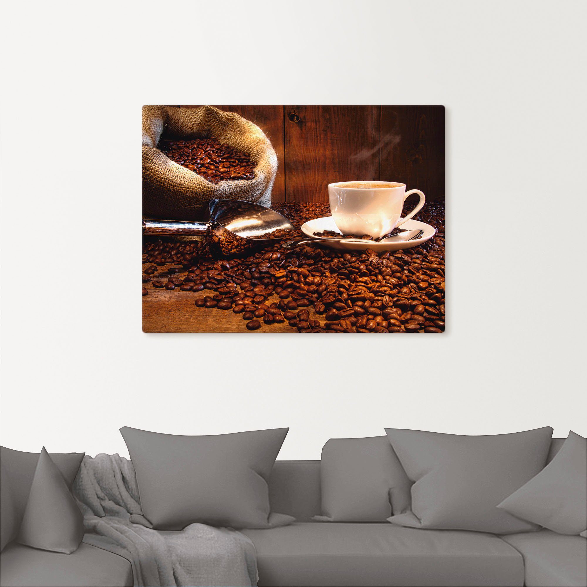 Poster Leinwandbild, auf versch. Getränke Kaffeetasse Leinensack Artland in St), Wandaufkleber Größen oder Wandbild und Tisch, (1 als