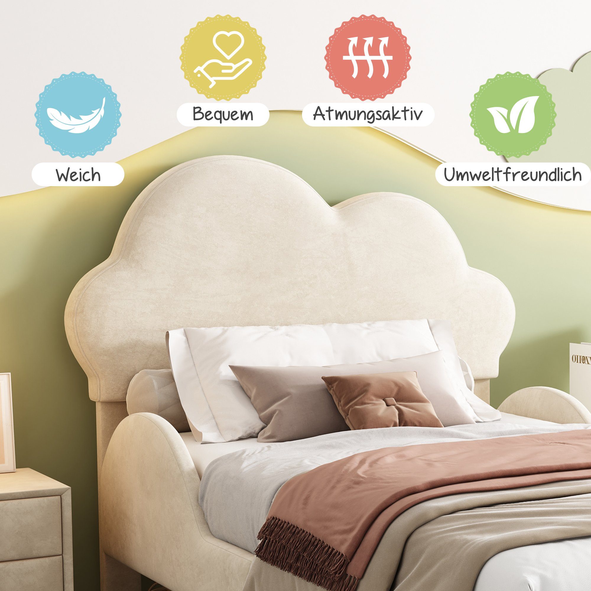 BlingBin Einzelbett Luxuriöses Samt mit 90*200cm) Wolkenkopfteil, Soft-Polsterbett Kopfteil, Höhenverstellbares (1-tlg