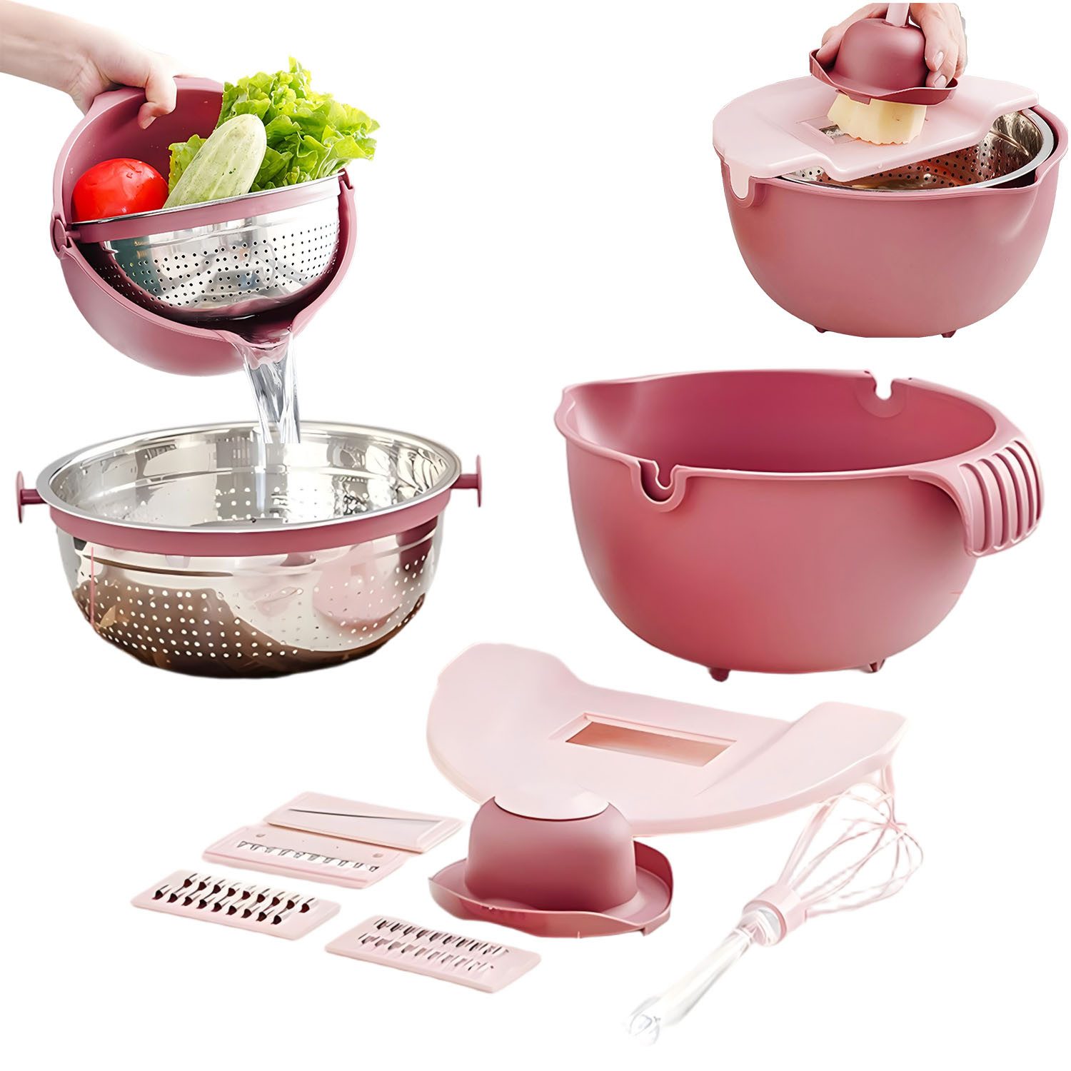 SURFOU Küchensieb 9-in-1 Küchensieb mit Schüssel & Gemüseschneider–Rotierbares Nudelsieb, (4L Multifunktionales Abtropfsieb mit Schüssel, 4 Schneideeinsätzen, Schneidbrett & Rührbesen – Praktisches Küchenzubehör, 9-St)