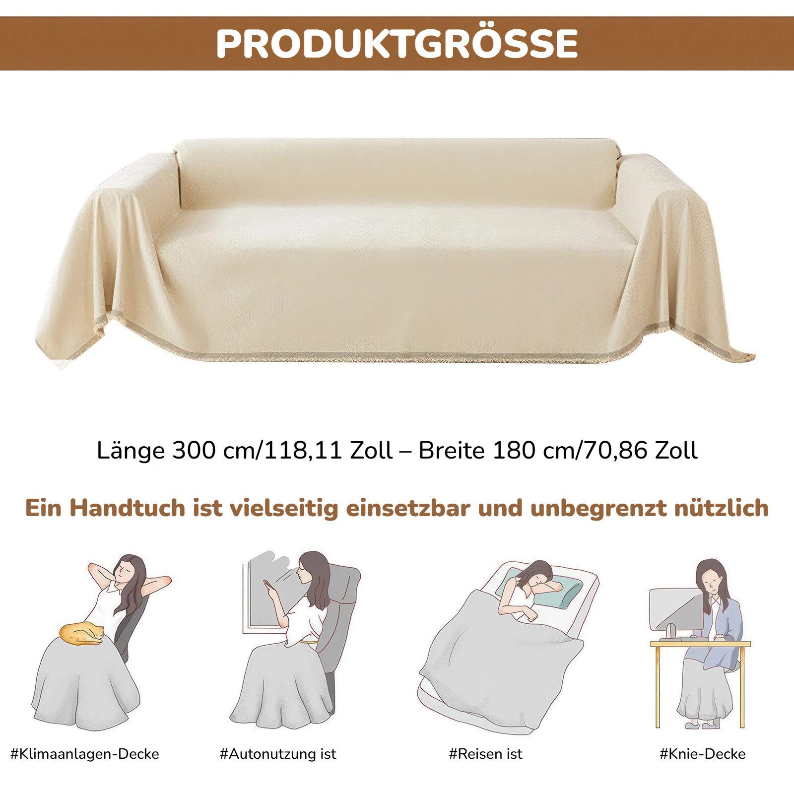 BlingBin Sofaschoner 180x300 cm Sofahusse Sofaüberwurf aus Chenille, Überwürfe für Sofas, Überwurfdecke Sofaüberwurf mit Quasten für 2- und 3-Sitzer, Beige