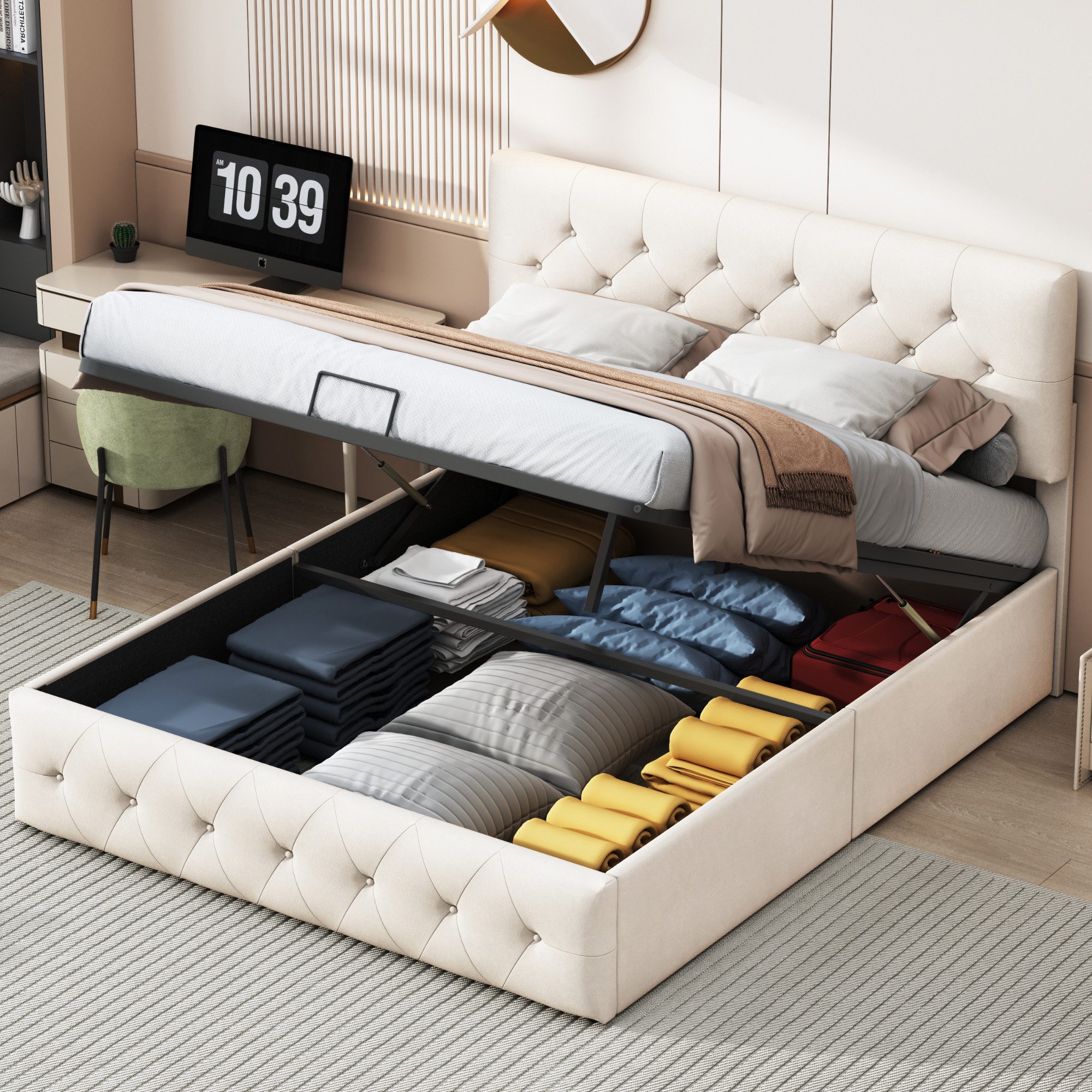 FUROKOY Polsterbett Samt Hydraulisches Funktionsbett Doppelbett 140x200cm (Set, 1-tlg), Beige,147x202.2x117.5~122.5cm