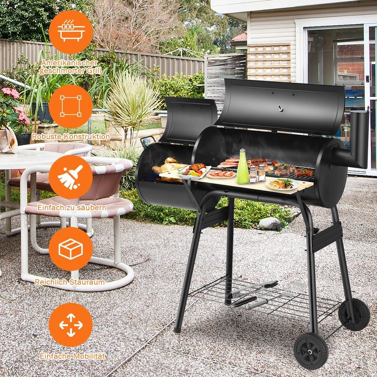 KOMFOTTEU Holzkohlegrill Grillwagen, mit Deckel &2 Grillrost, auf Rädern