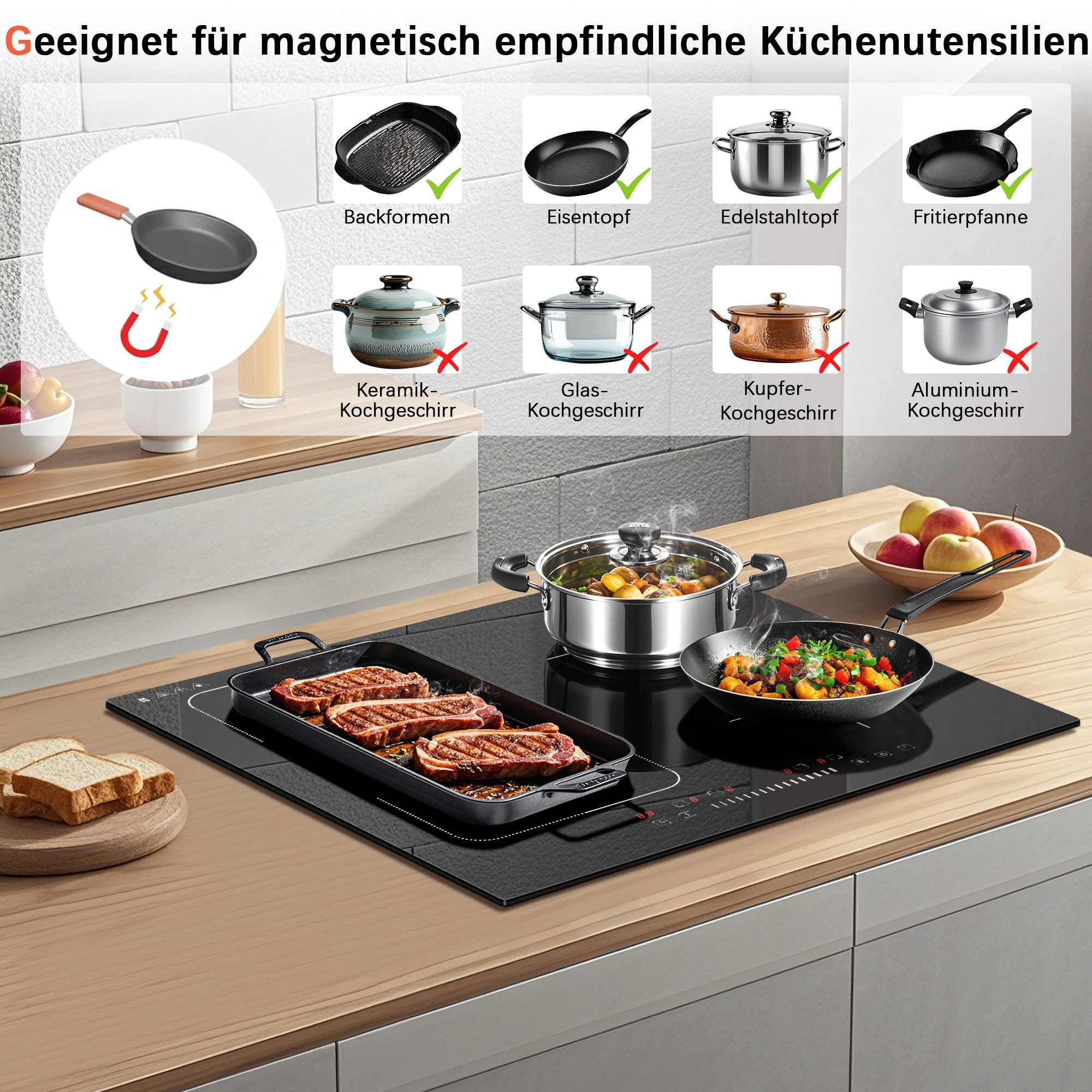 Karinear Induktions-Kochfeld 4-Zonen, Flexzone, Boost, Timer, 60 cm,7200W