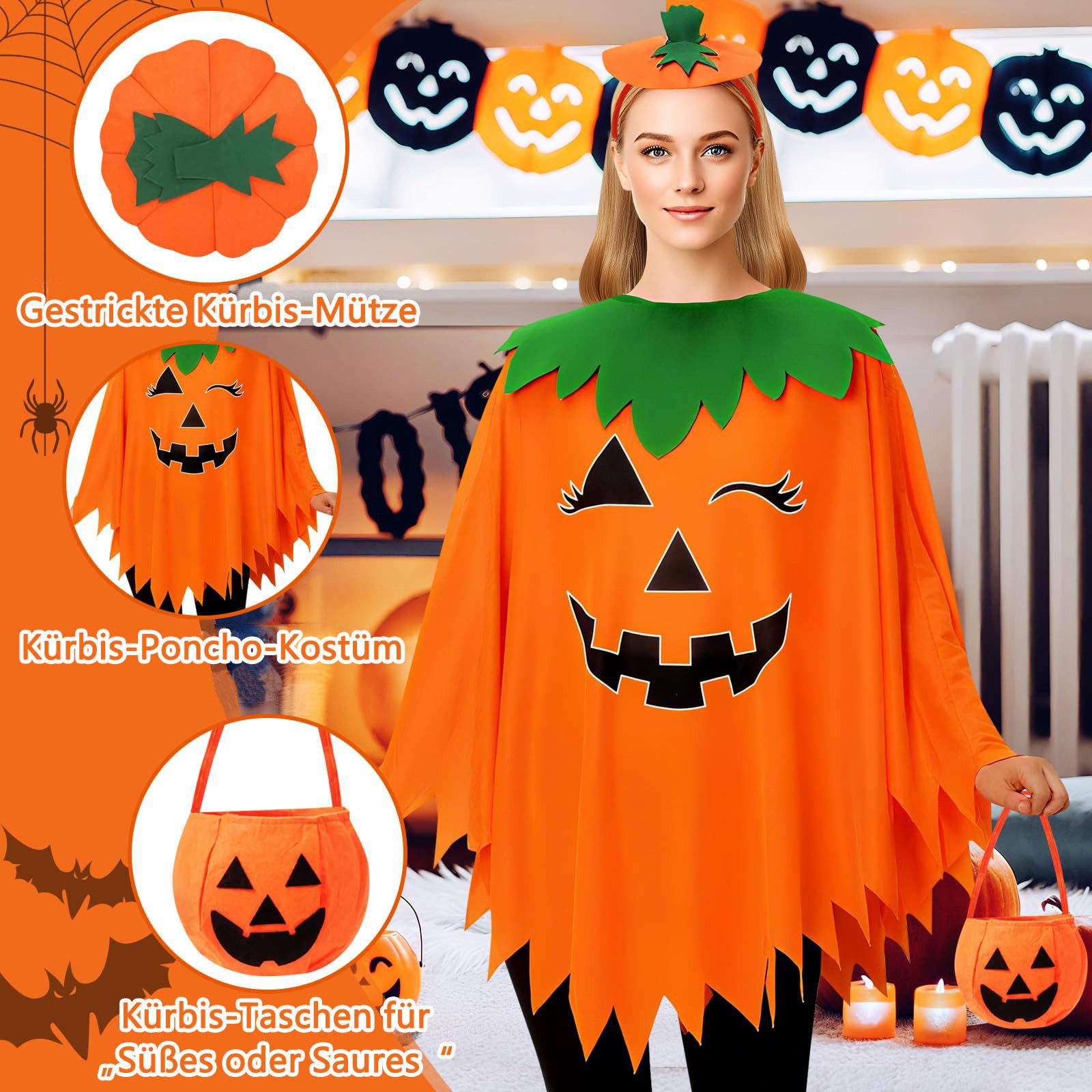 Sorvyzxn Kostüm Halloween-Kürbiskostüm für Damen, 3-teiliges Set für Kostümpartys, Im Dunkeln leuchtender Kürbis-Poncho mit Haarreif und Tasche