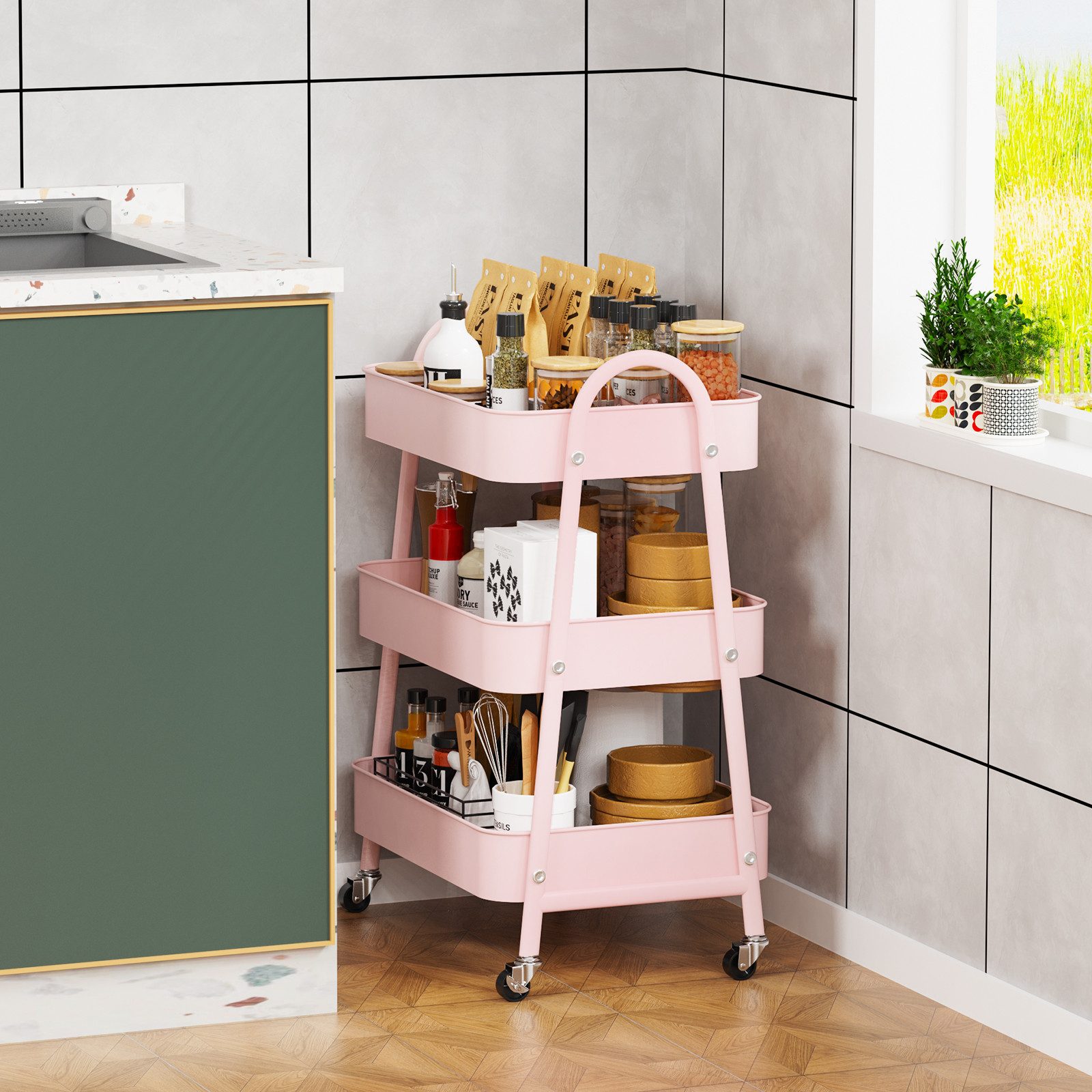 JEOBEST Beistellwagen Rollwagen Küchenwagen Servierwagen aus Metall 3-Etagen, (43x30x76.5cm) Multifunktionswagen für Küche, Schlafzimmer, Wohnzimmer – Bild 2 von 5