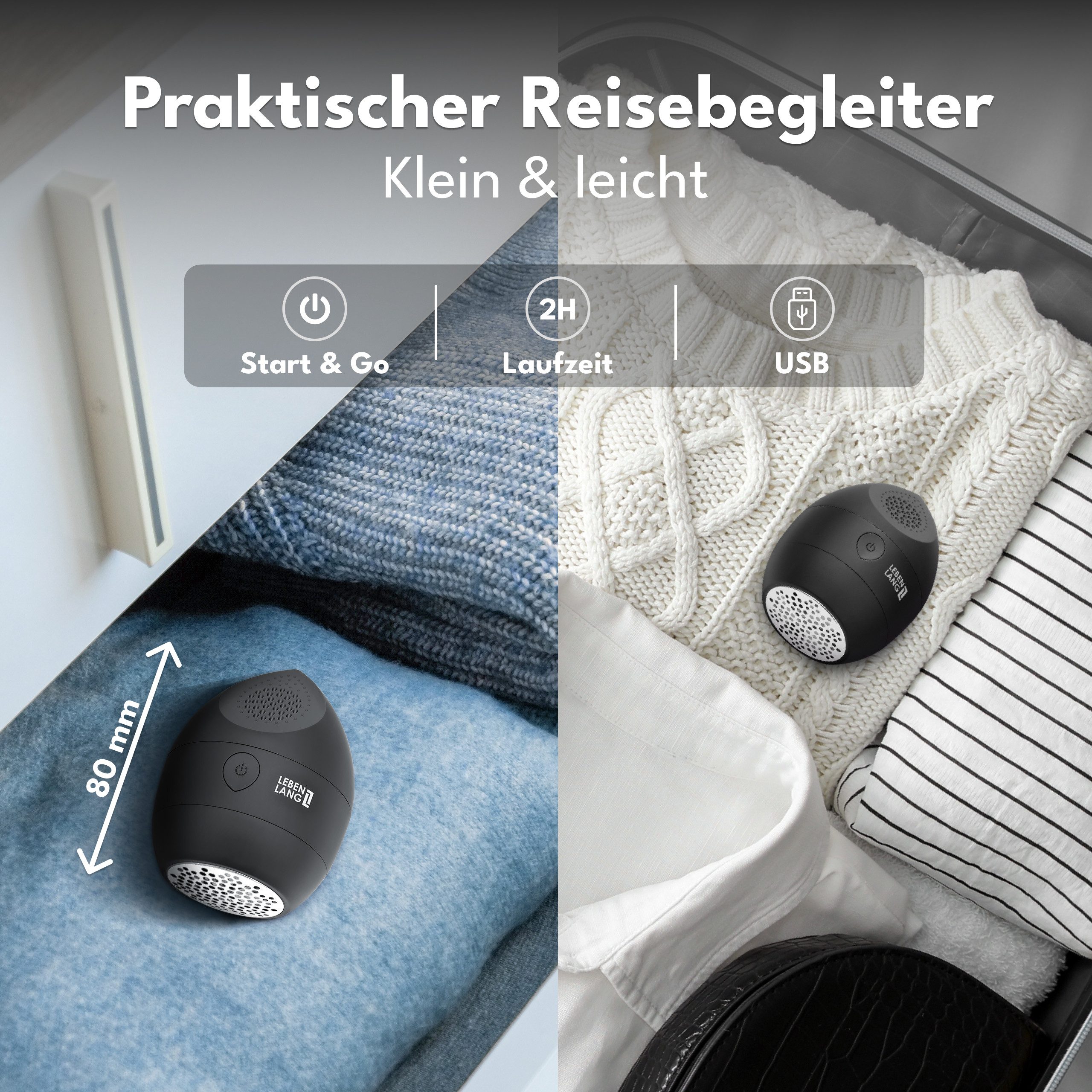 Lebenlang Fusselrasierer elektrischer Mini-Entfussler - Perfekt für Unterwegs, 400mAh - Inkl. Ersatzklingen & Reinigungspinsel