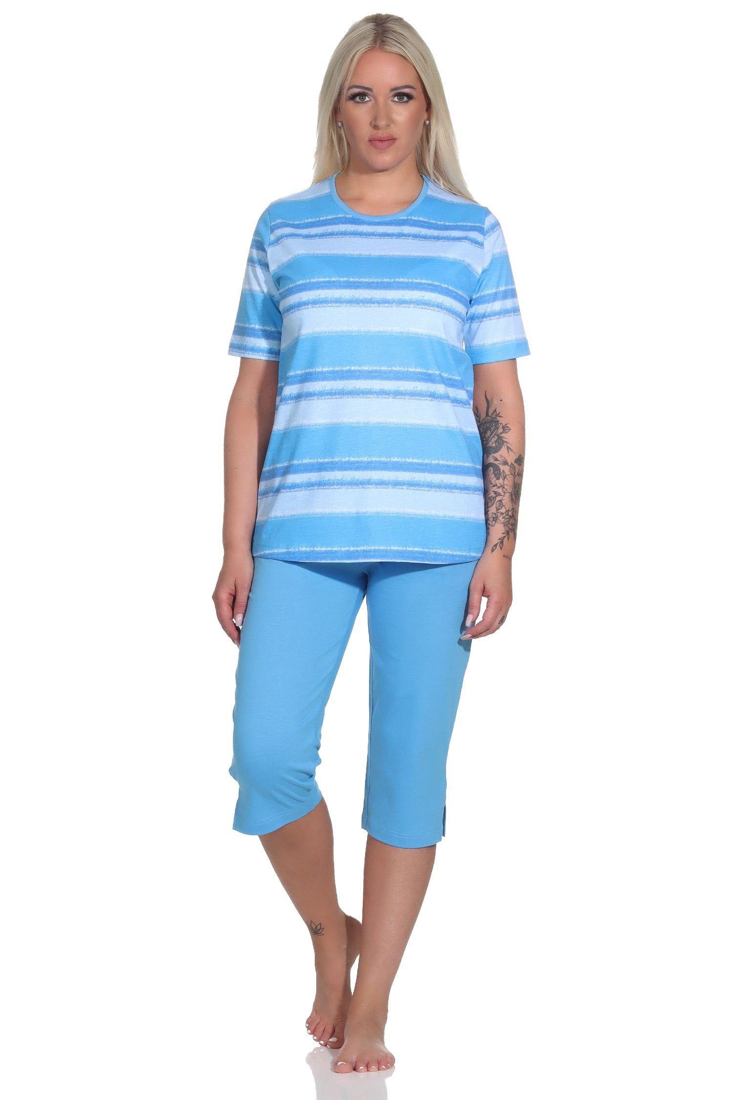 Normann Pyjama Damen Capri Schlafanzug kurzarm Pyjama im farbenfrohen Streifen Look blau