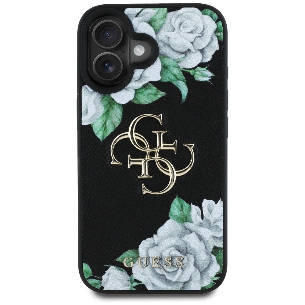 Guess Handyhülle Schutzhülle Smartphonehülle Blumenmuster 6,1 Zoll, Kunstleder, Blumenmuster, 4G-Metalllogo, erhöhte Kanten