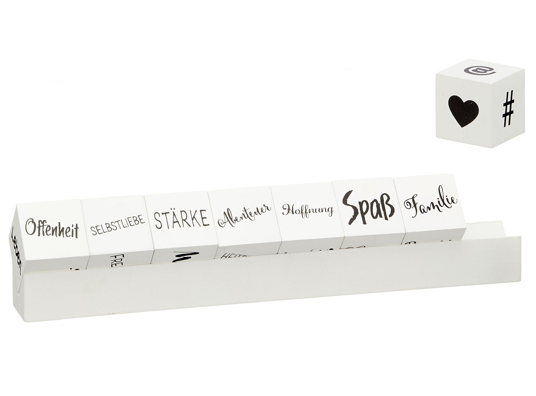 Spetebo Deko-Buchstaben Poesiewürfel aus Holz - 32 x 7 cm (Packung, 9 St., Buchstaben Set), 8 Sprüche Würfel auf Holzhalterung