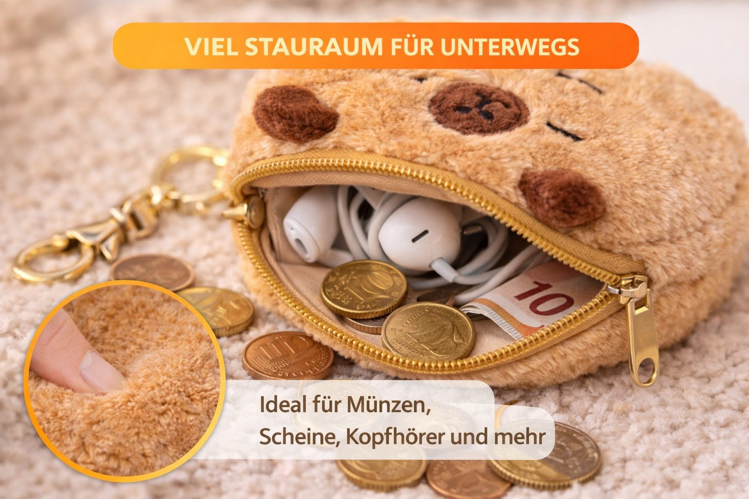 soma Aufbewahrungstasche Capybara Plüsch Portemonnaie – Niedliche Geldbörse mit Reißverschluss (Set, 1-tlg., 1er-Pack), Weiches Etui für Kinder&Erwachsene,Unsor­tiert 1von5 Motiven,12×9×5cm