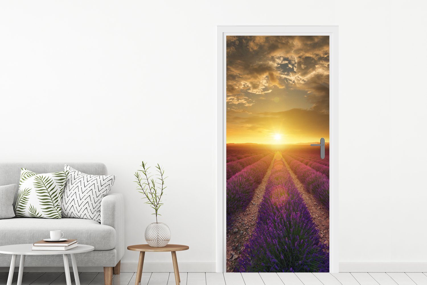 Tür, 75x205 MuchoWow bedruckt, Fototapete Matt, Frankreich, Lavendel St), Türtapete - (1 Sonnenuntergang Türaufkleber, für cm -