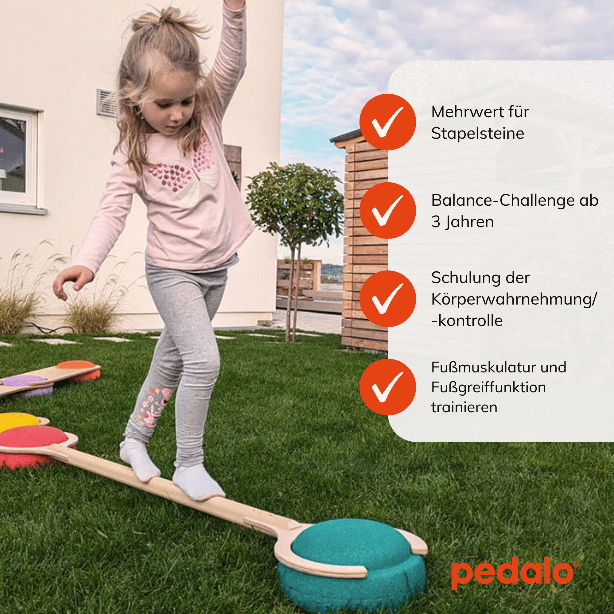 pedalo® Balanceboard Stapelbaustein Balancierstange / Gleichgewicht Parcours / Kinder, Passend zu den original Stapelstein, FSC zertifiziertem Birkenholz