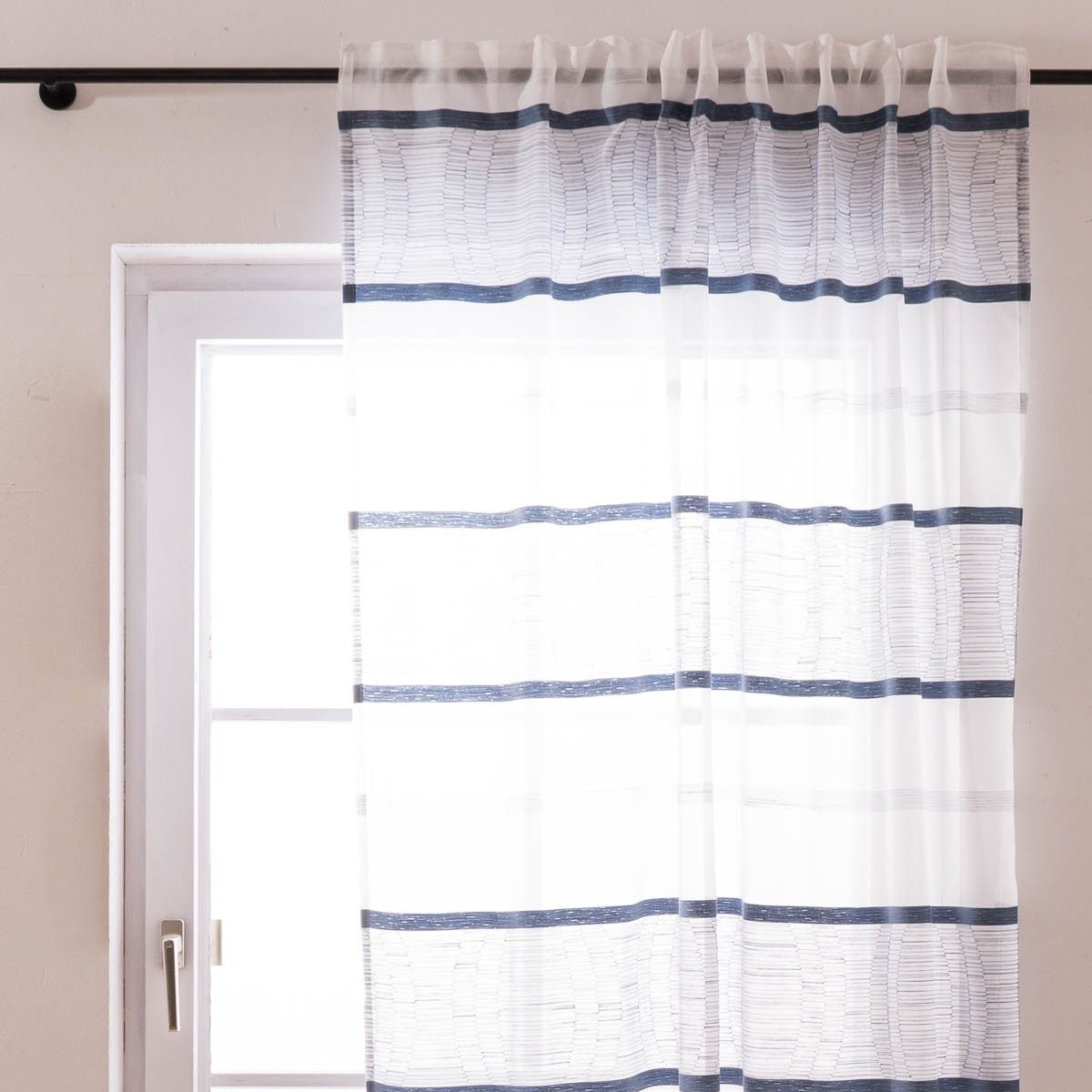 Vorhang Gardine Emiliana transparent Scherli treifen weiß blau 144x245cm (BxH), leicht perforiert, Kunstfaser