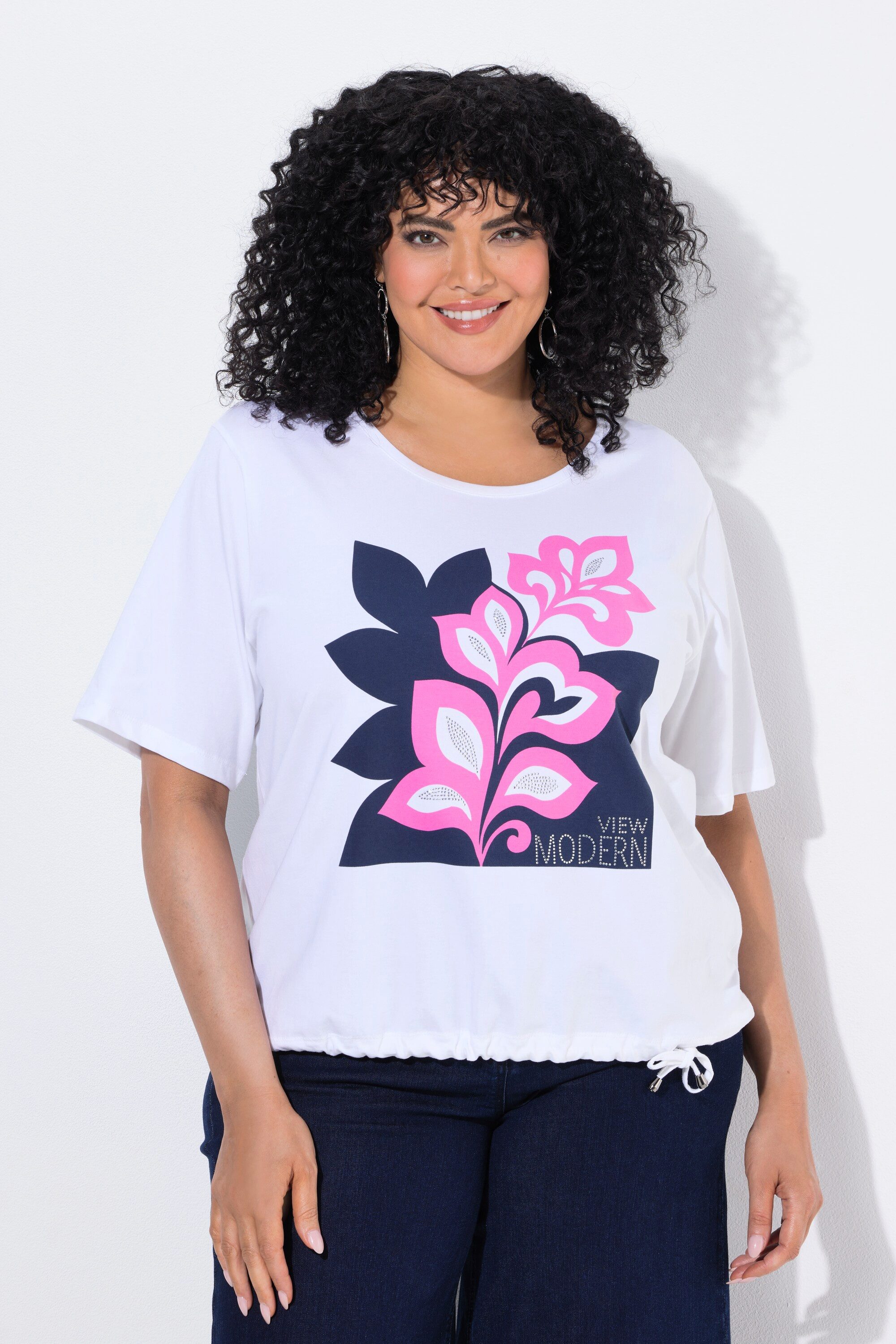 Ulla Popken T-Shirt T-Shirt Palmenblätter Boxy Rundhals Halbarm