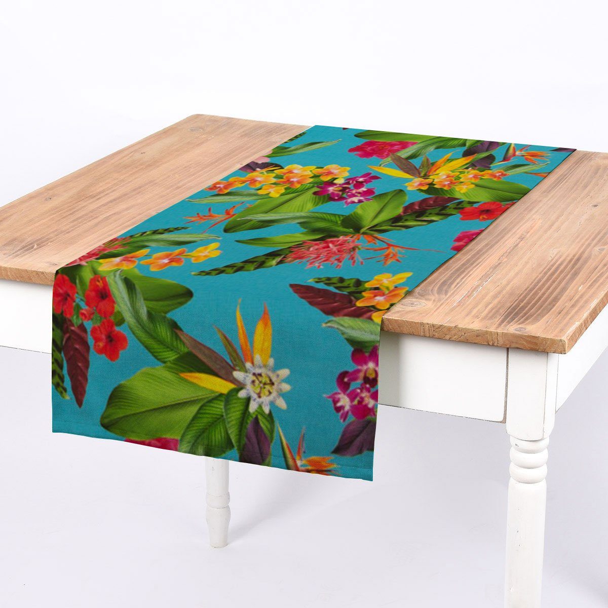 SCHÖNER LEBEN. Tischläufer SCHÖNER LEBEN. Tischläufer Outdoor Exotik Blüten türkis mulitcolor, handmade