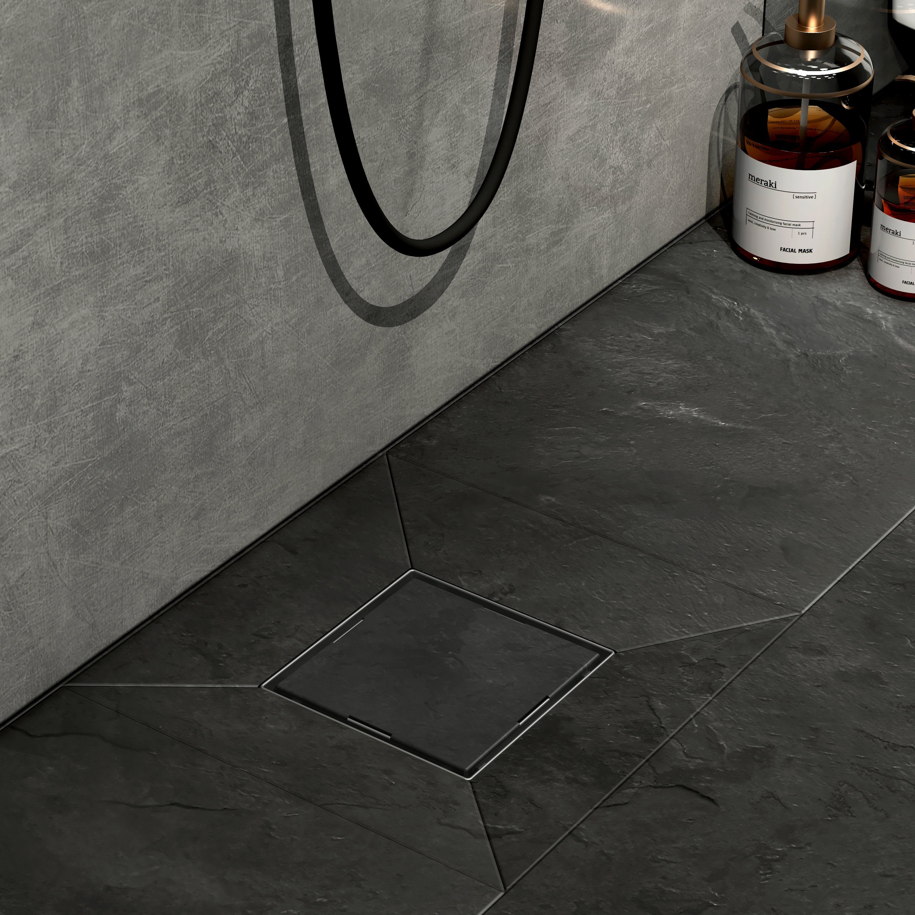 EMKE Duschrinne Edelstahl Bodenablauf Quadratischer Duschrinne 2 in 1 Komplettset, Mit Bodenablaufabdeckung, Geruchsverschluss, Haarsieb,und Siphon