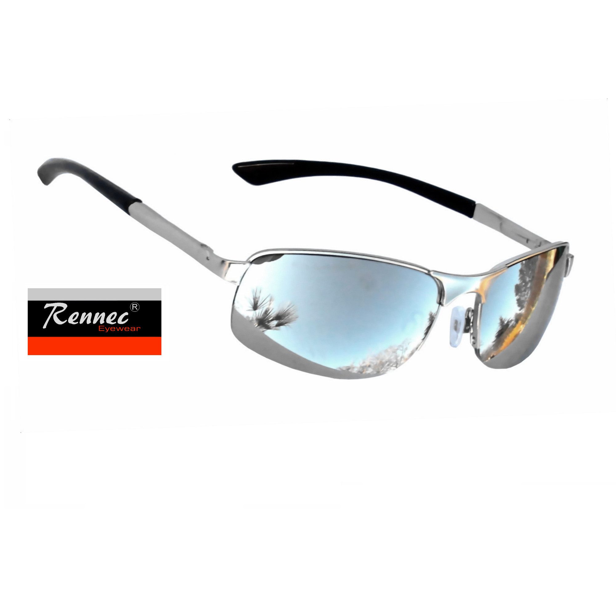 Rennec Sonnenbrille (Markenbrille mit Brillenbox und Brillenbeutel, schmale Metall Sonnenbrille Edelstahl mit Federscharniere) Halbrand Brille mit Federgelenke Blau Verspiegelt oder Schwarz Getönt
