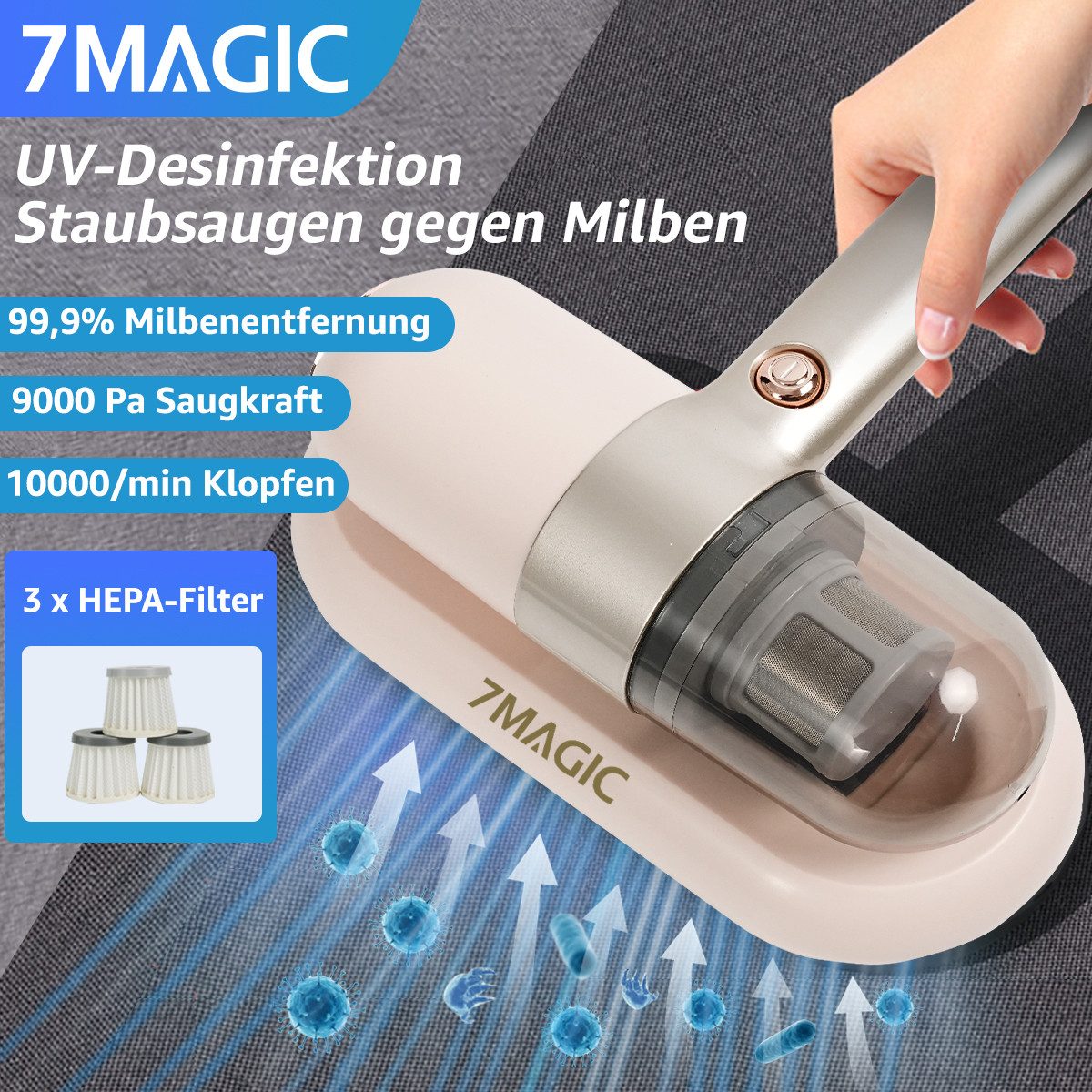 7MAGIC Matratzenreinigungsgerät, Milbensauger für Matratzen, Milbenstaubsauger mit UV Licht, Klopf-Funktion, Akku-Milbensauger