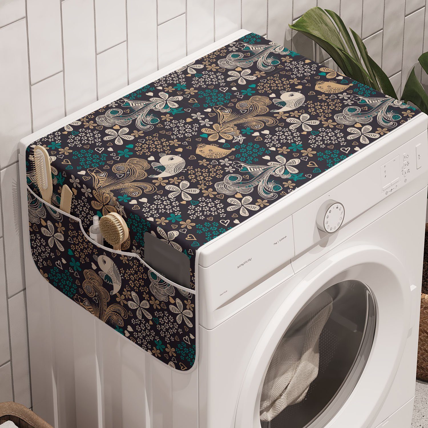 Abakuhaus Badorganizer Anti-Rutsch-Stoffabdeckung für Waschmaschine und Trockner, Blumen Blumen Herzen und Vögel