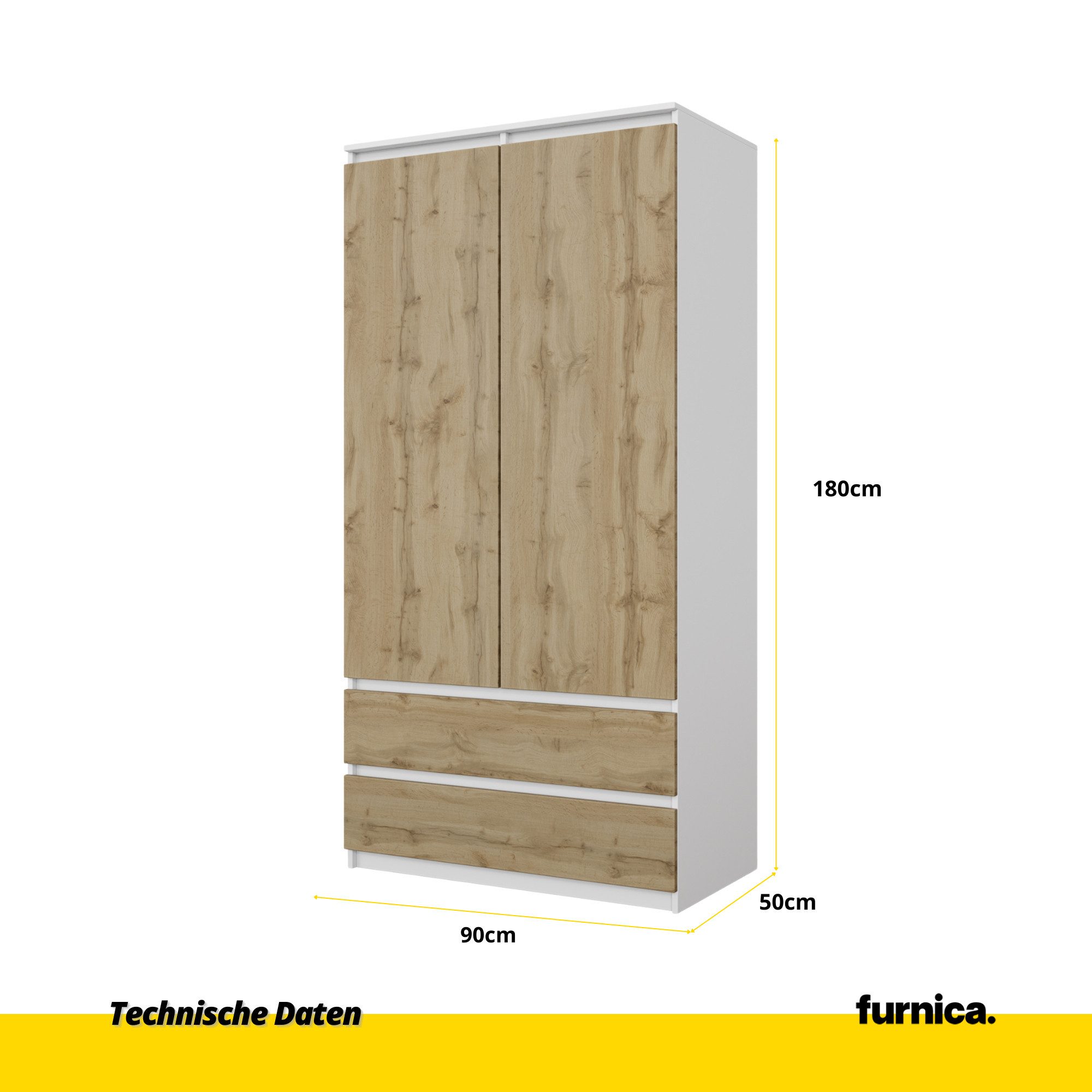 Furnica Kleiderschrank Garderobenschrank, 2 Türen und 2 Schubladen H180 x B90 x T50cm – Bild 4 von 5