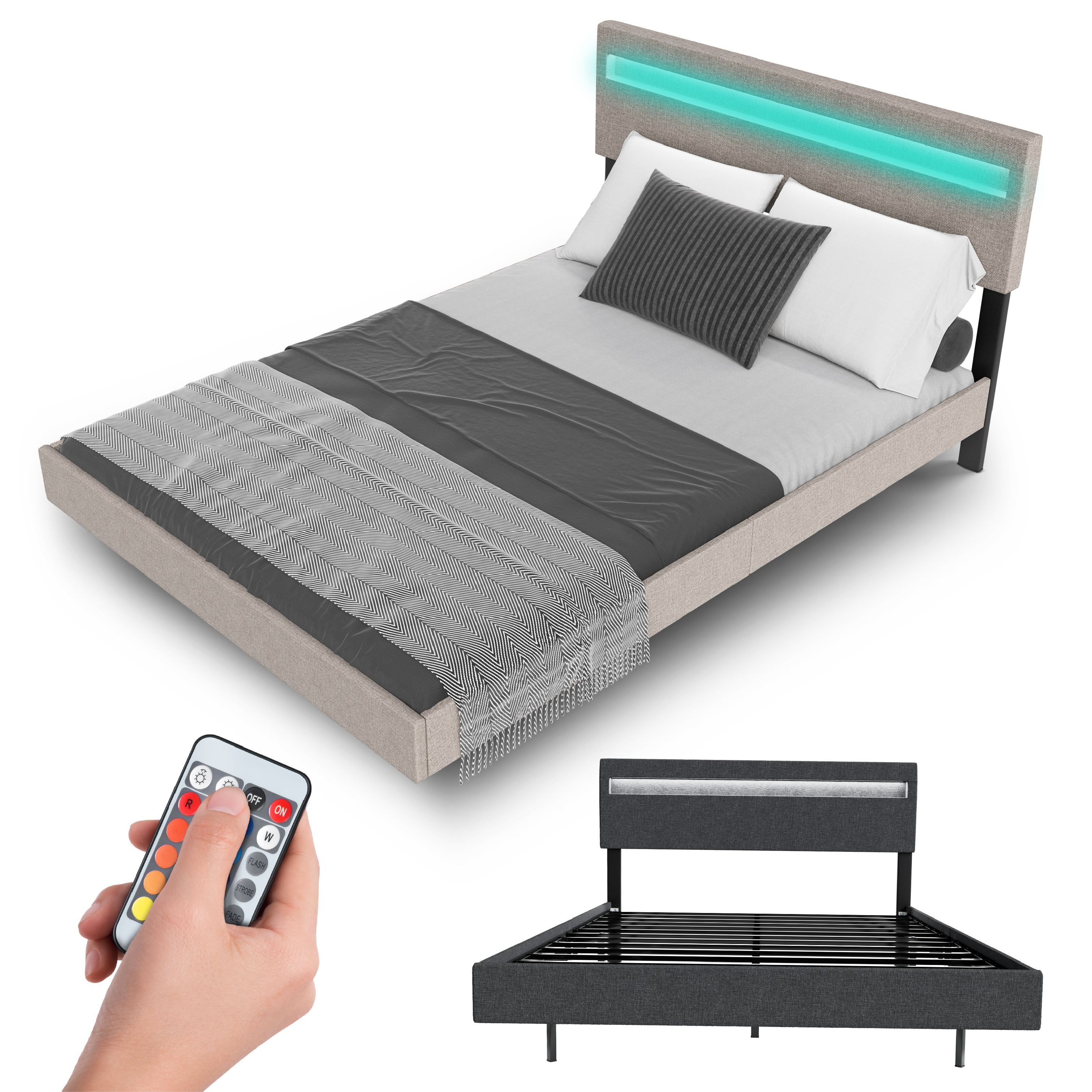 Juskys Polsterbett Lissabon, LED-Beleuchtung, Leinen, verstellbares günstig online kaufen