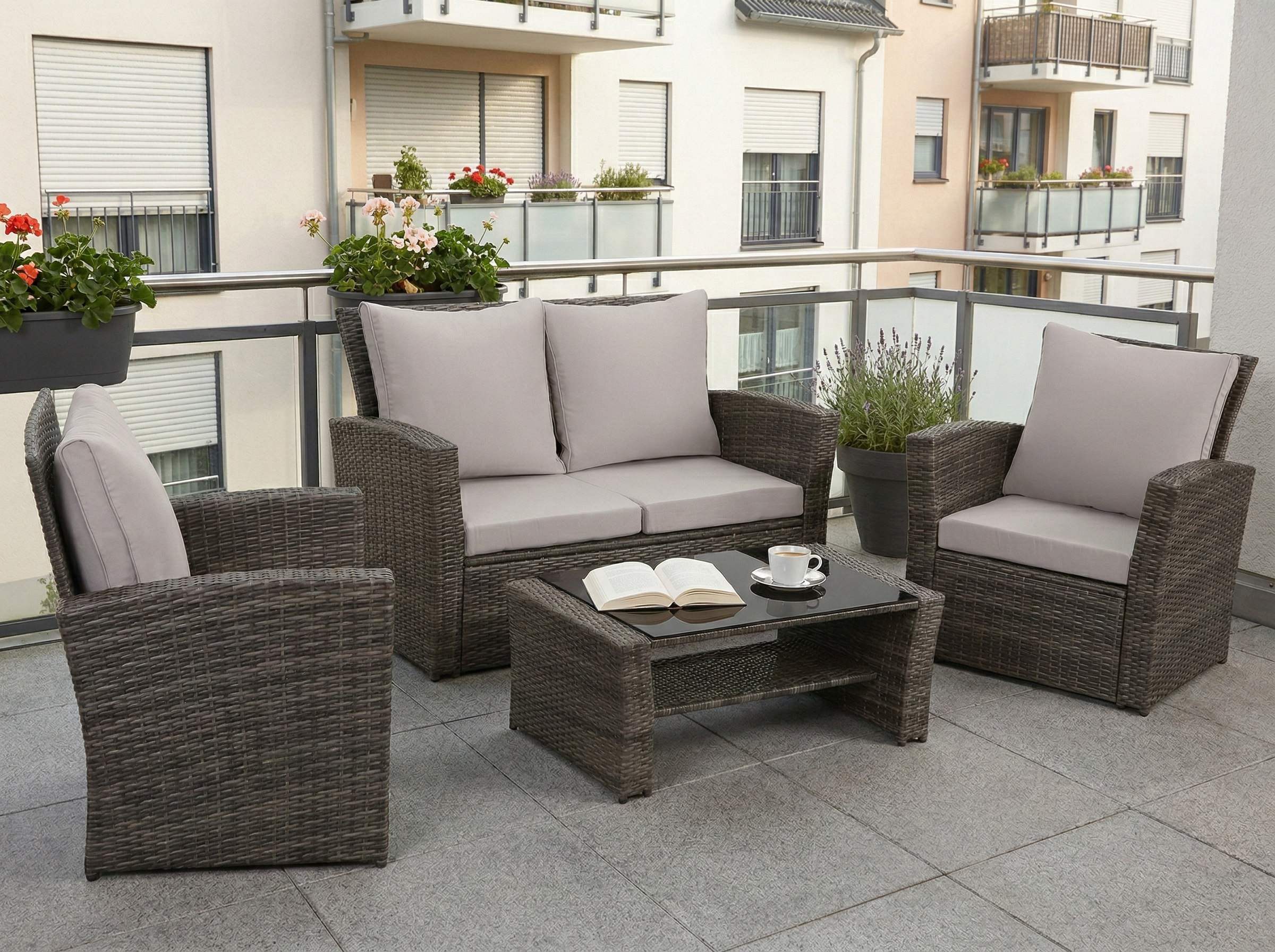 MeXo Gartenlounge-Set Polyrattan Gartenmöbel Set für 4 Personen, wetterfest, (Balkonset Sitzgruppe, 4-tlg., mit Tisch & Stauraum), hohe Rückenlehne 80 cm, breite Armlehnen 8 cm