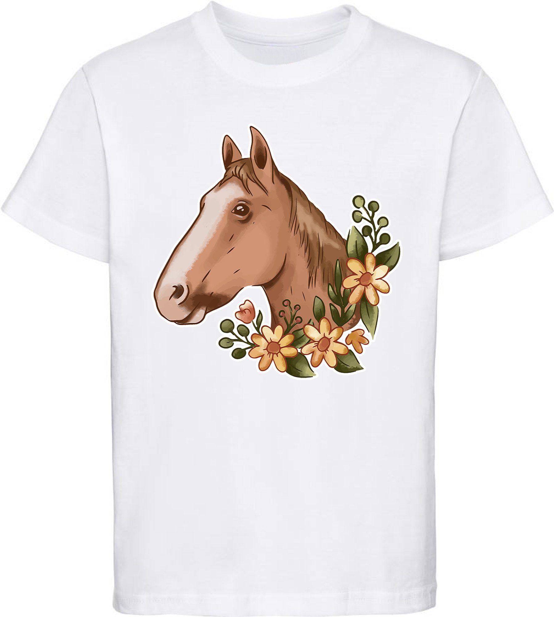 MyDesign24 Print-Shirt bedrucktes Kinder Mädchen T-Shirt - Hellbrauner Pferdekopf und Blumen Baumwollshirt mit Aufdruck, i181 weiss