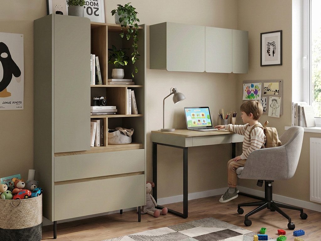 Beautysofa Jugendzimmer-Set LICO im modernen Stil, grifflos, (Kinderzimmer Möbel, Bücherregal Schreibtisch Hängeregal), Farben Sandbeige oder Eukalyptus – Bild 3 von 5