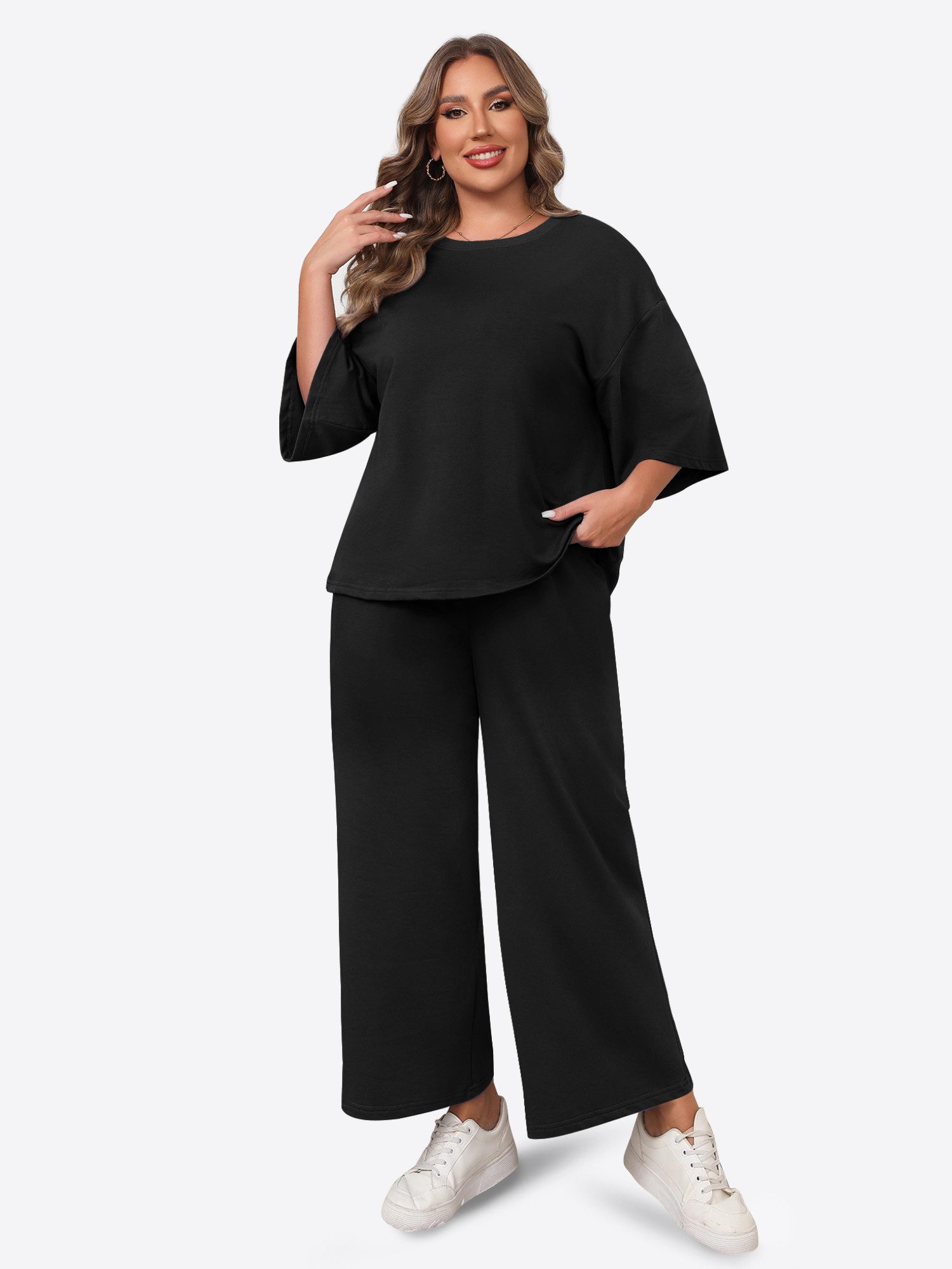 Imily Bela Hausanzug Damen Schlafanzug 2-teiliger in Übergröße (Set, 2 tlg., 3/4-Arm Bluse + Weite Hose) in Unifarbe